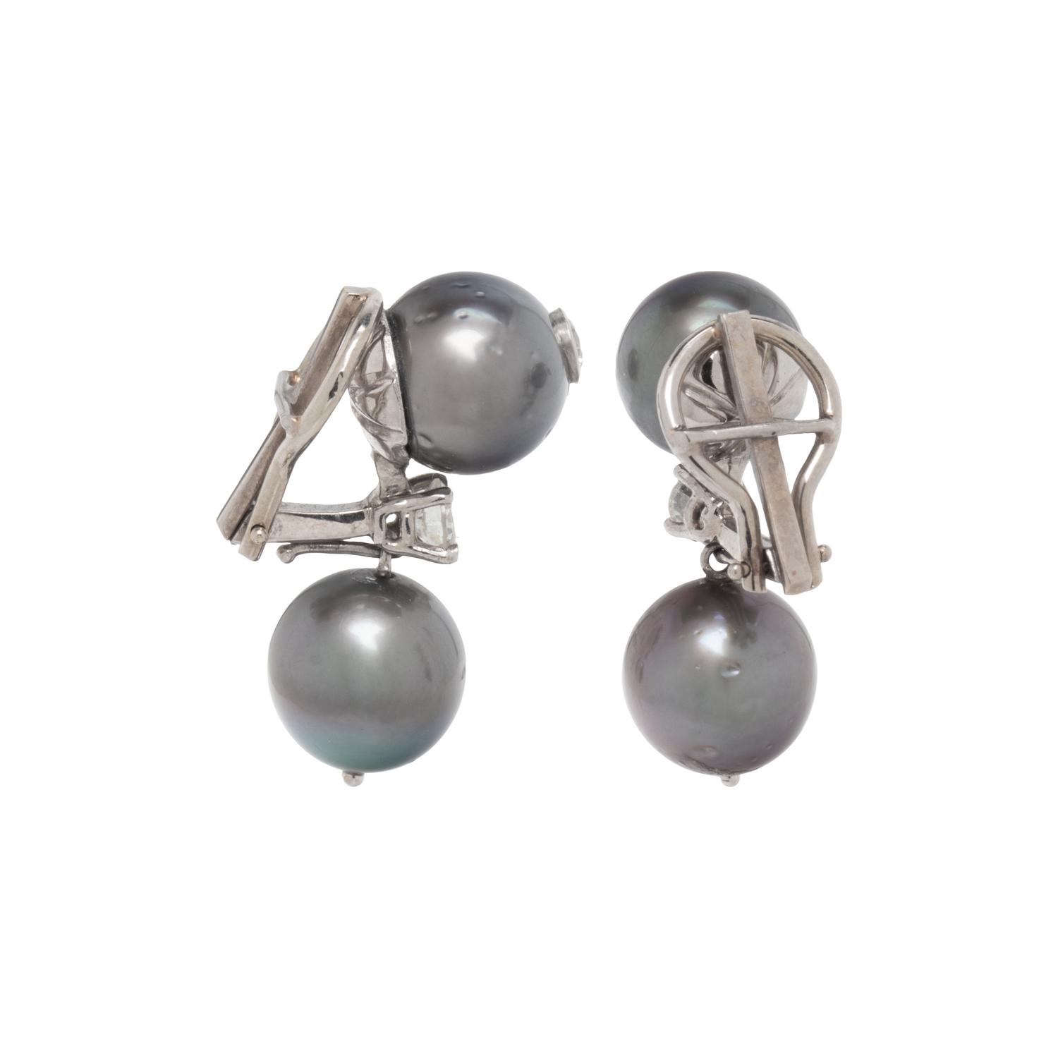 TAHITIAN CULTURED PEARL AND DIAMOND CLIP EARRINGS