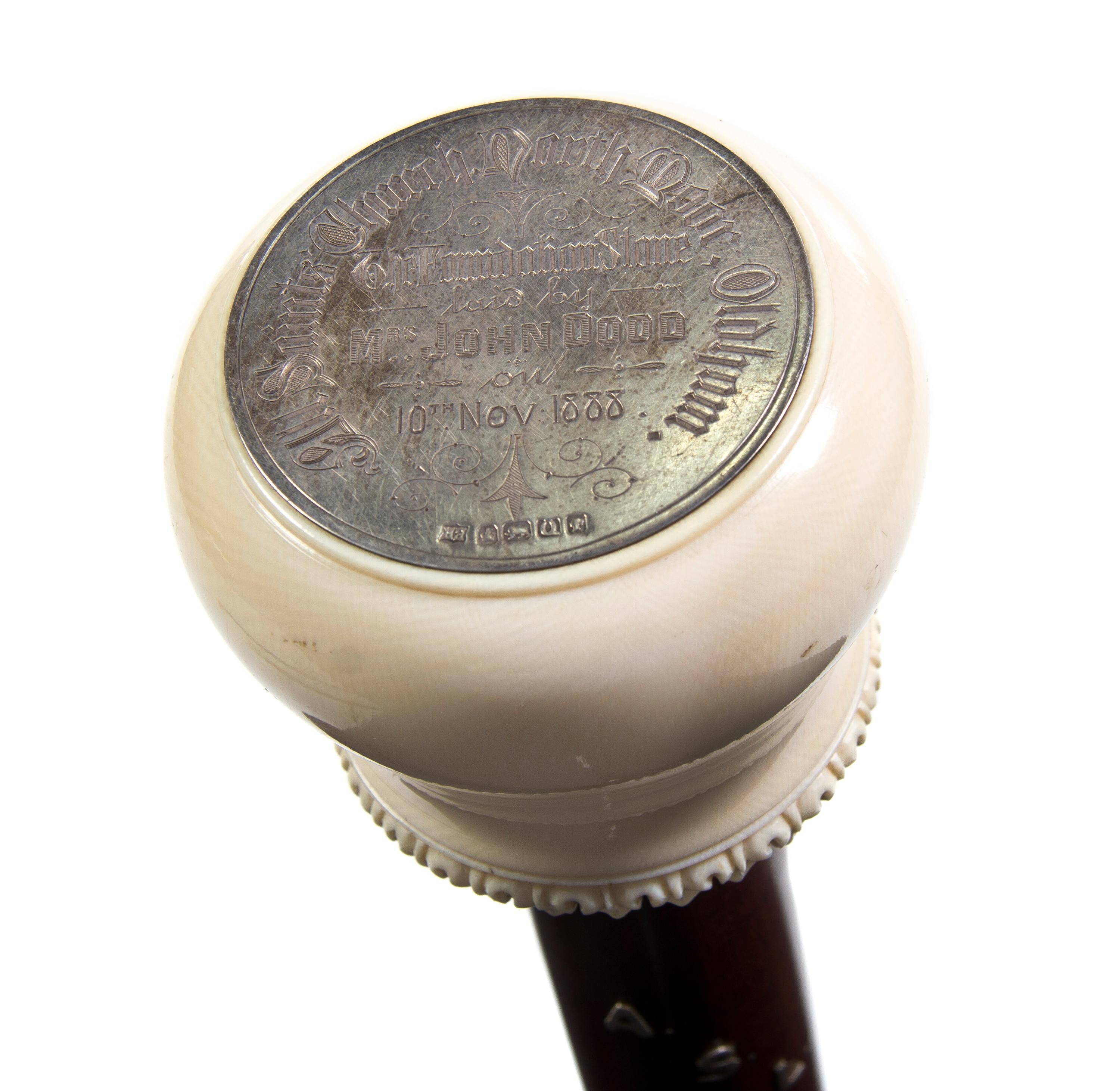 An English Silver and Ivory Mounted Walking Stick, William Hutton & Sons, Height overall 34 x height of handle 2 3/4 inches.