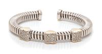 An 18 Karat Bicolor Gold and Diamond Heart Motif Cuff Bracelet, Italian, 21.00 dwts.