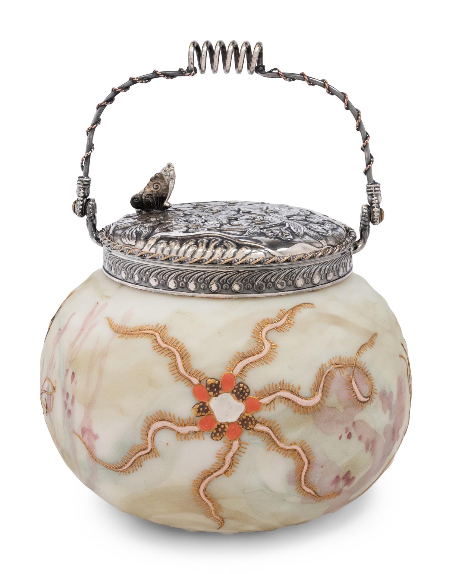 A Crown Milano Paint-Decorated Glass Cracker Jar