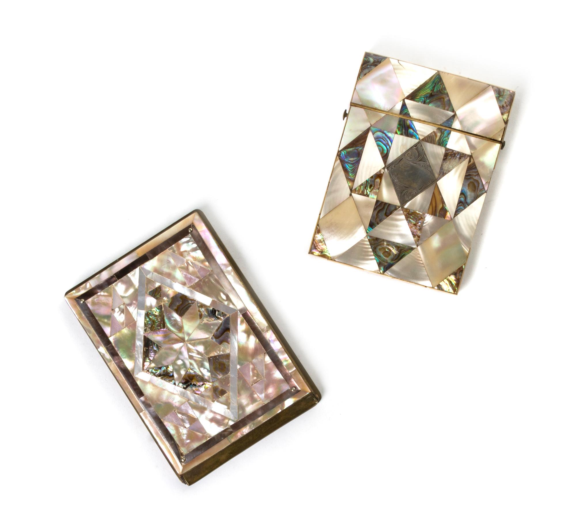 Two Mother-of-Pearl and Abalone Veneered Articles, Height of first overall 4 1/2 inches.
