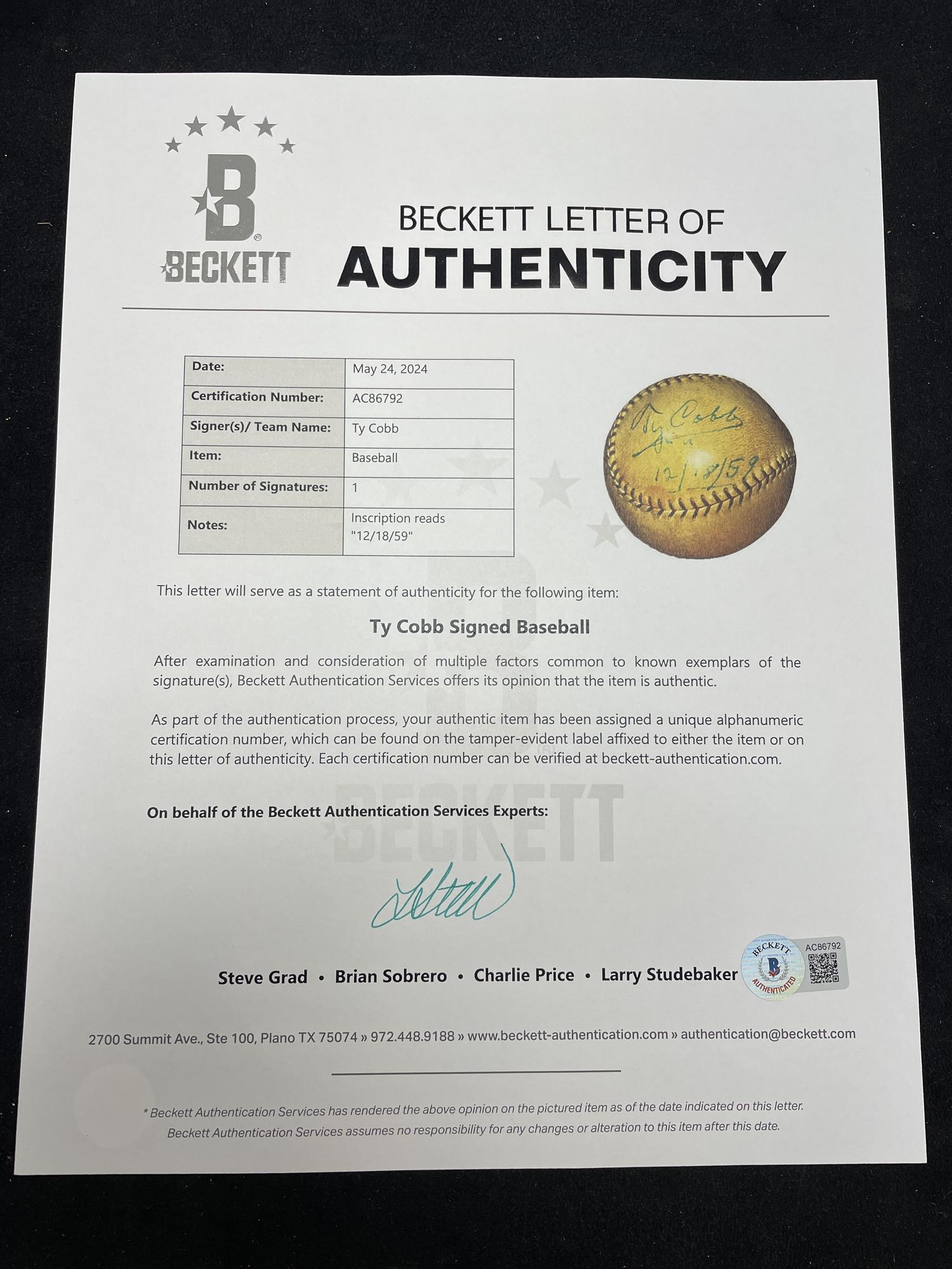 A Ty Cobb Single Signed Autograph Baseball (Beckett Authentication Services)