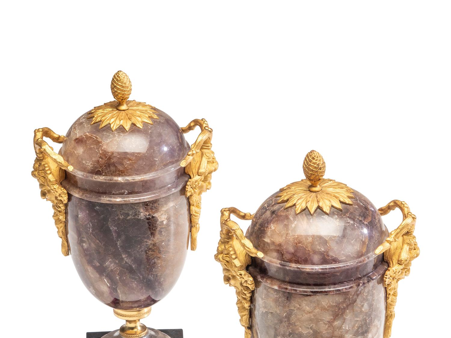 A Pair of George III Gilt Bronze Mounted Blue John Cassolettes
