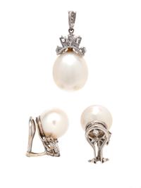 WHITE GOLD, CULTURED PEARL AND DIAMOND SET