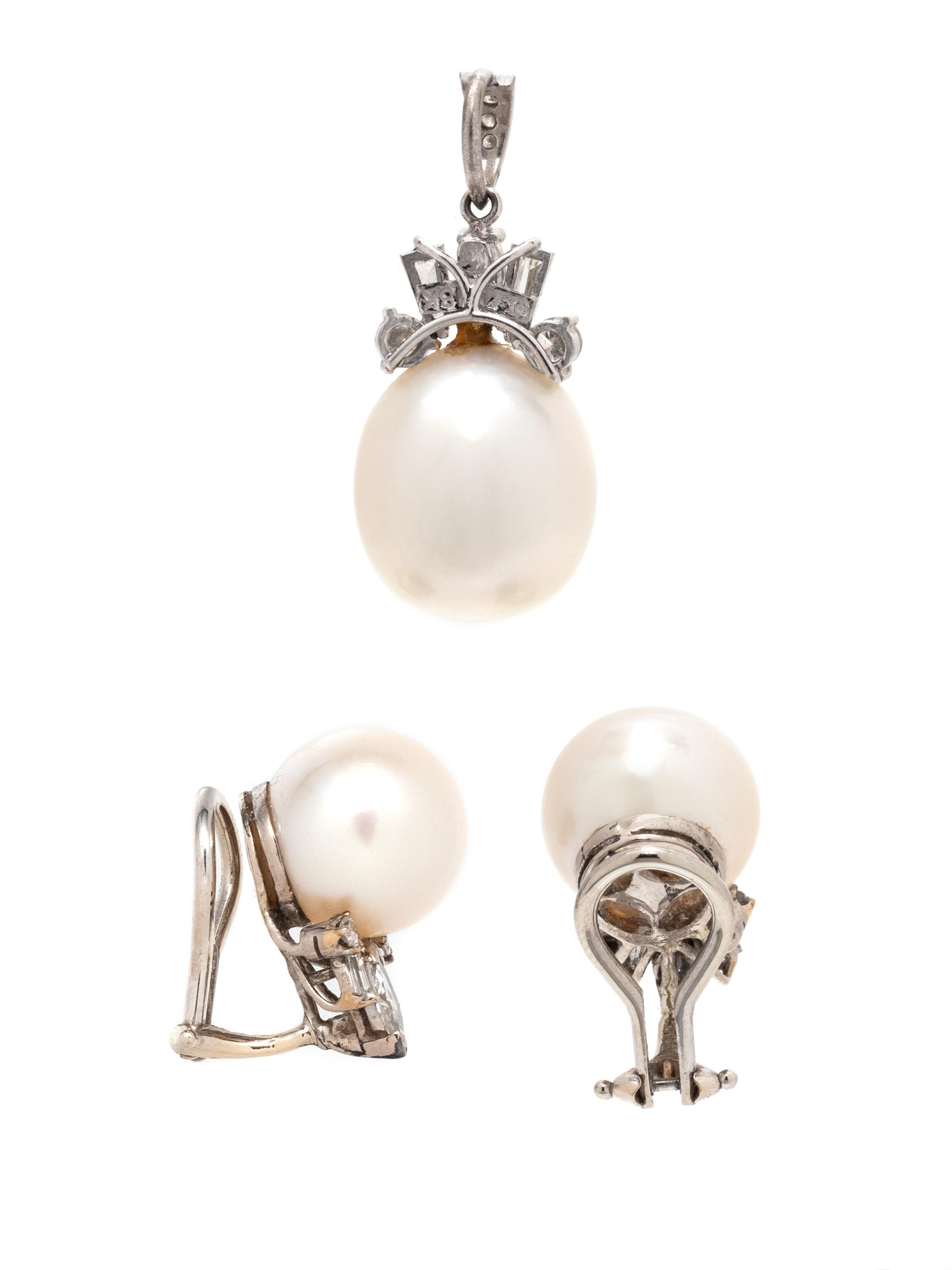 WHITE GOLD, CULTURED PEARL AND DIAMOND SET
