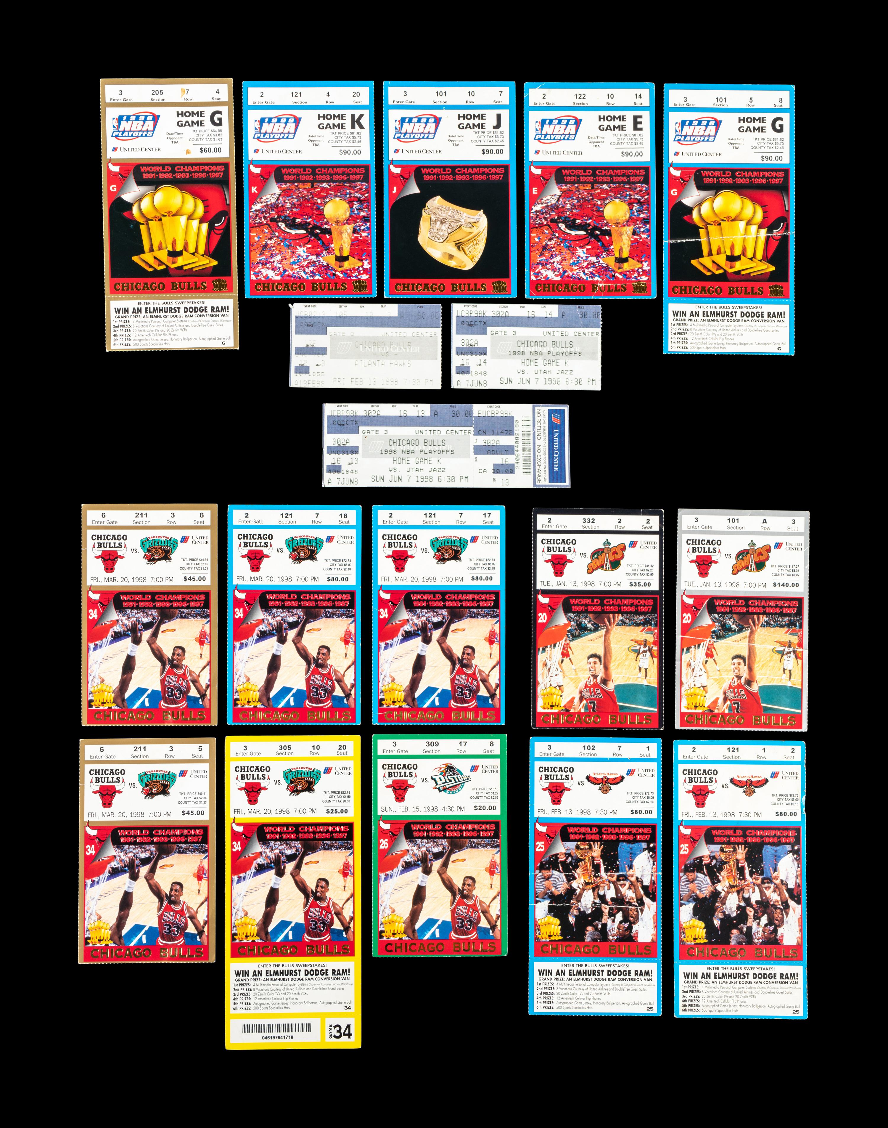 A Collection of 18 Chicago Bulls Michael Jordan Last Dance Era 1997-98 Regular Season and Playoff Tickets and Stubs,