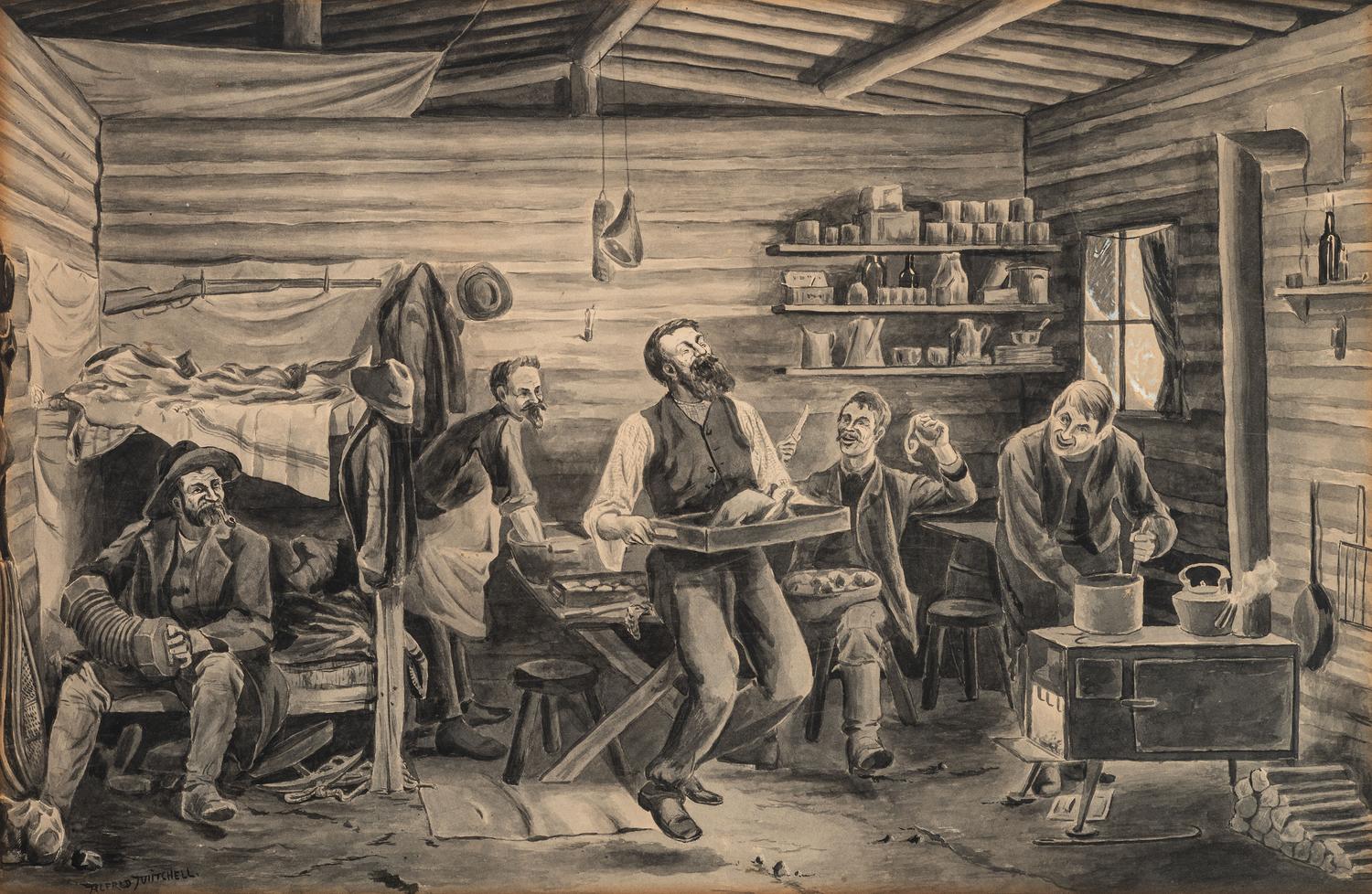 [MINING]. Alfred R. MITCHELL, Alfred, artist. Interior scene of miners gathering for a meal and merriment.