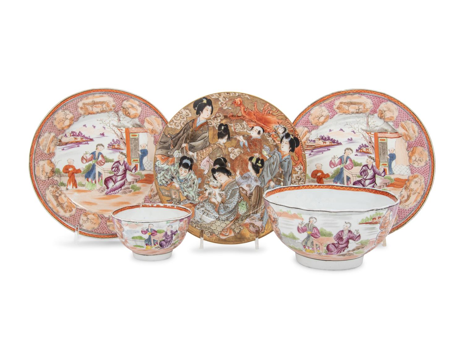 Four Chinese Export Famille Rose Porcelain Articles and A Japanese Satsuma Plate