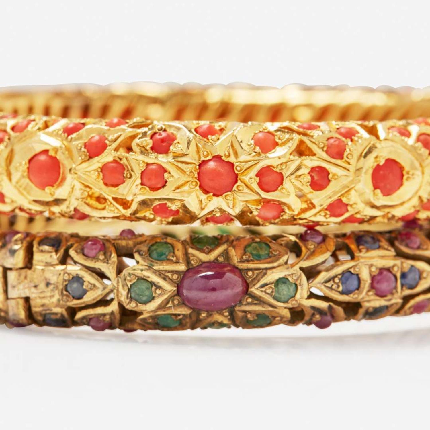 A Set of Two 10K Yellow Gold and Gemstone Bracelets