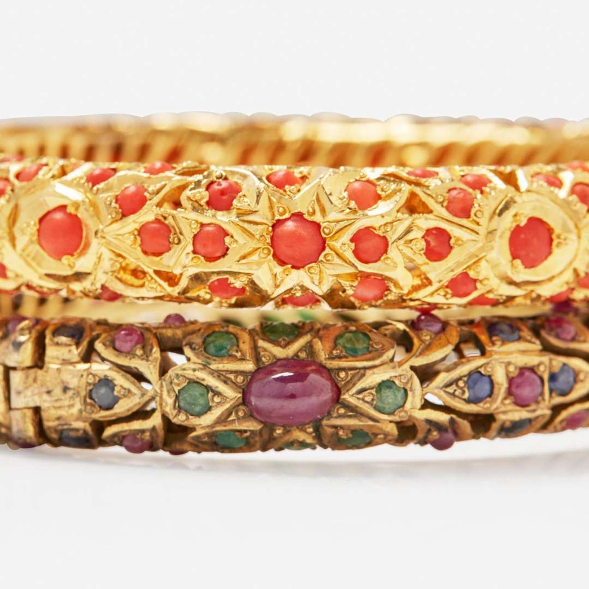 A Set of Two 10K Yellow Gold and Gemstone Bracelets