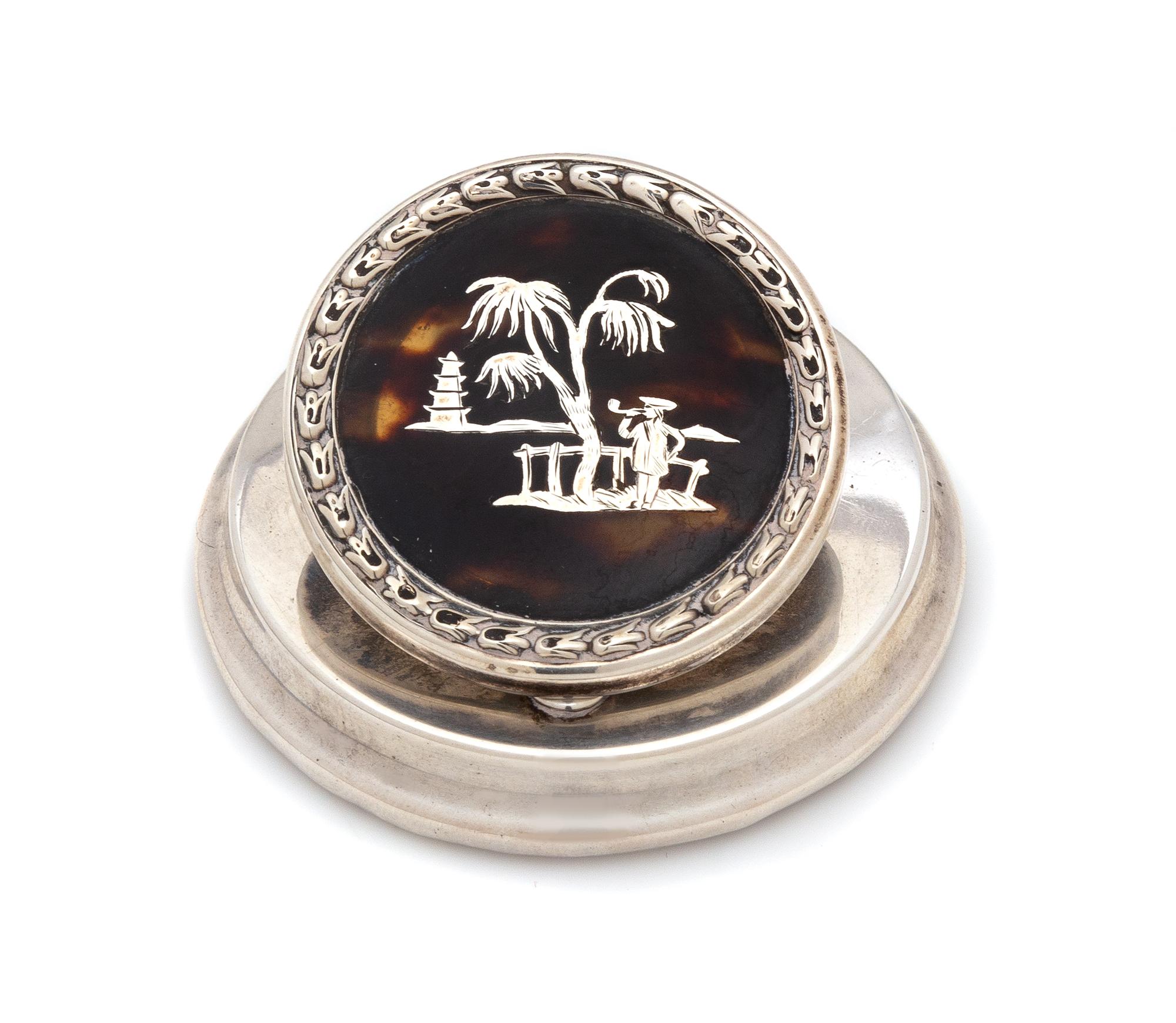 An English Tortoise Shell Inlaid Silver Desk Article, Levi & Salaman, Birmingham, 1910, the tortoise shell roundel inlaid with an Orien