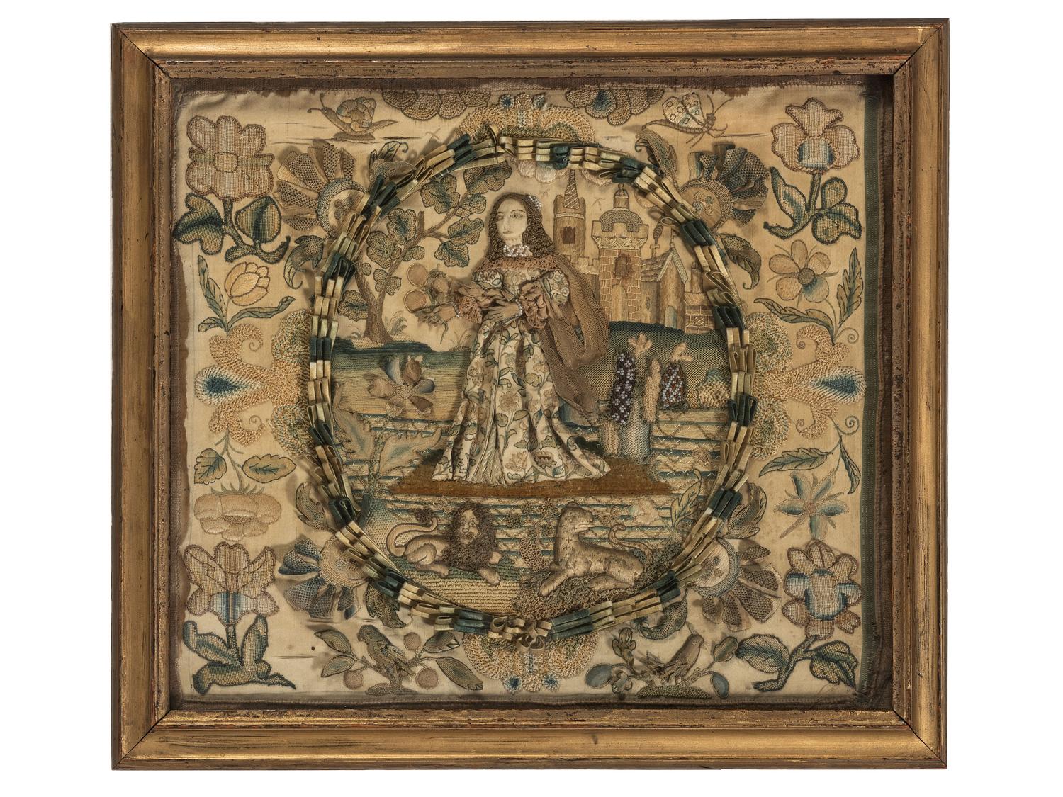 A William and Mary Stumpwork Embroidered Picture of a Lady with Exotic Animals