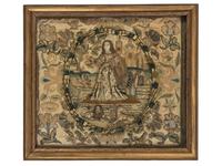 A William and Mary Stumpwork Embroidered Picture of a Lady with Exotic Animals