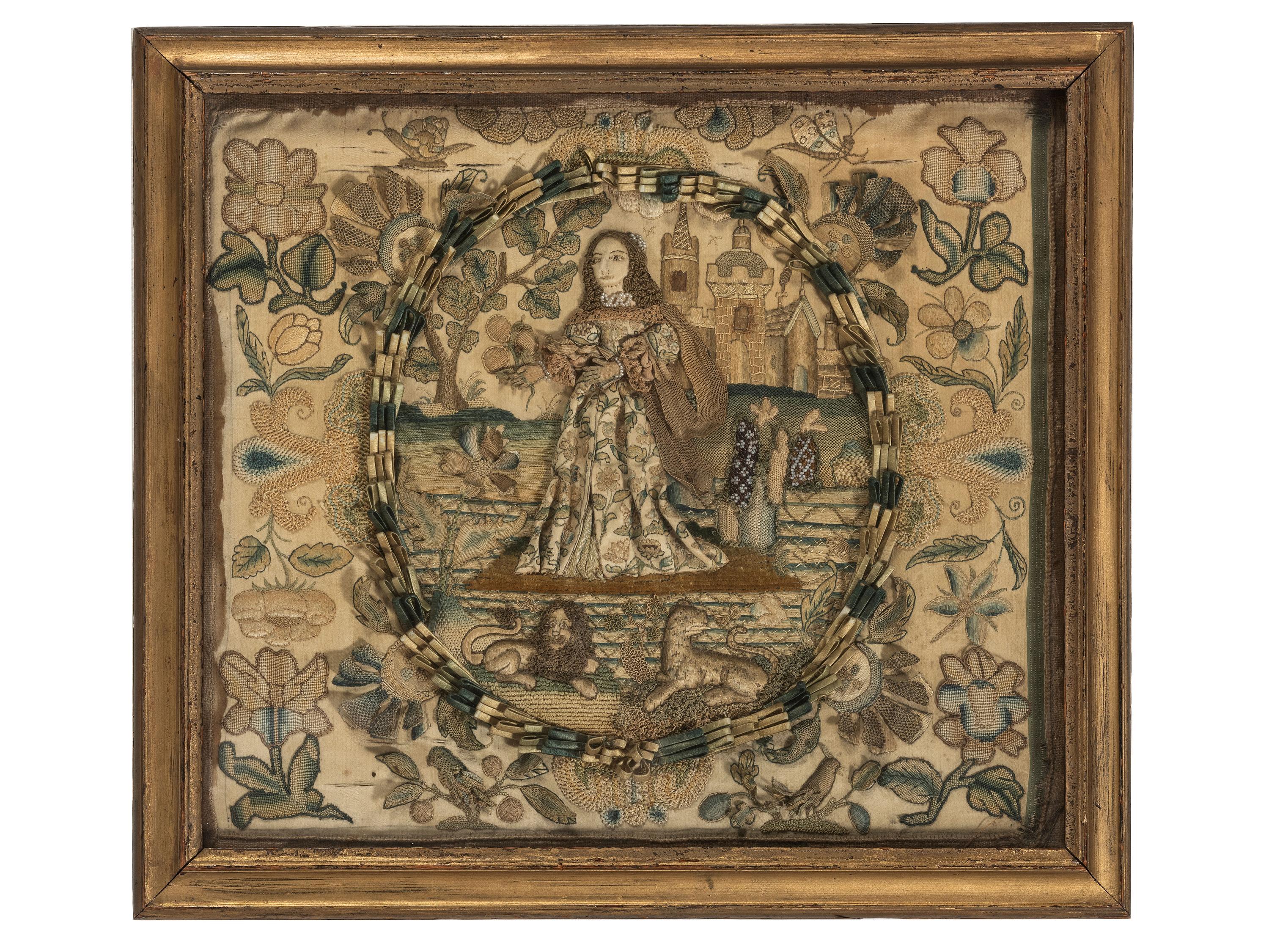 A William and Mary Stumpwork Embroidered Picture of a Lady with Exotic Animals