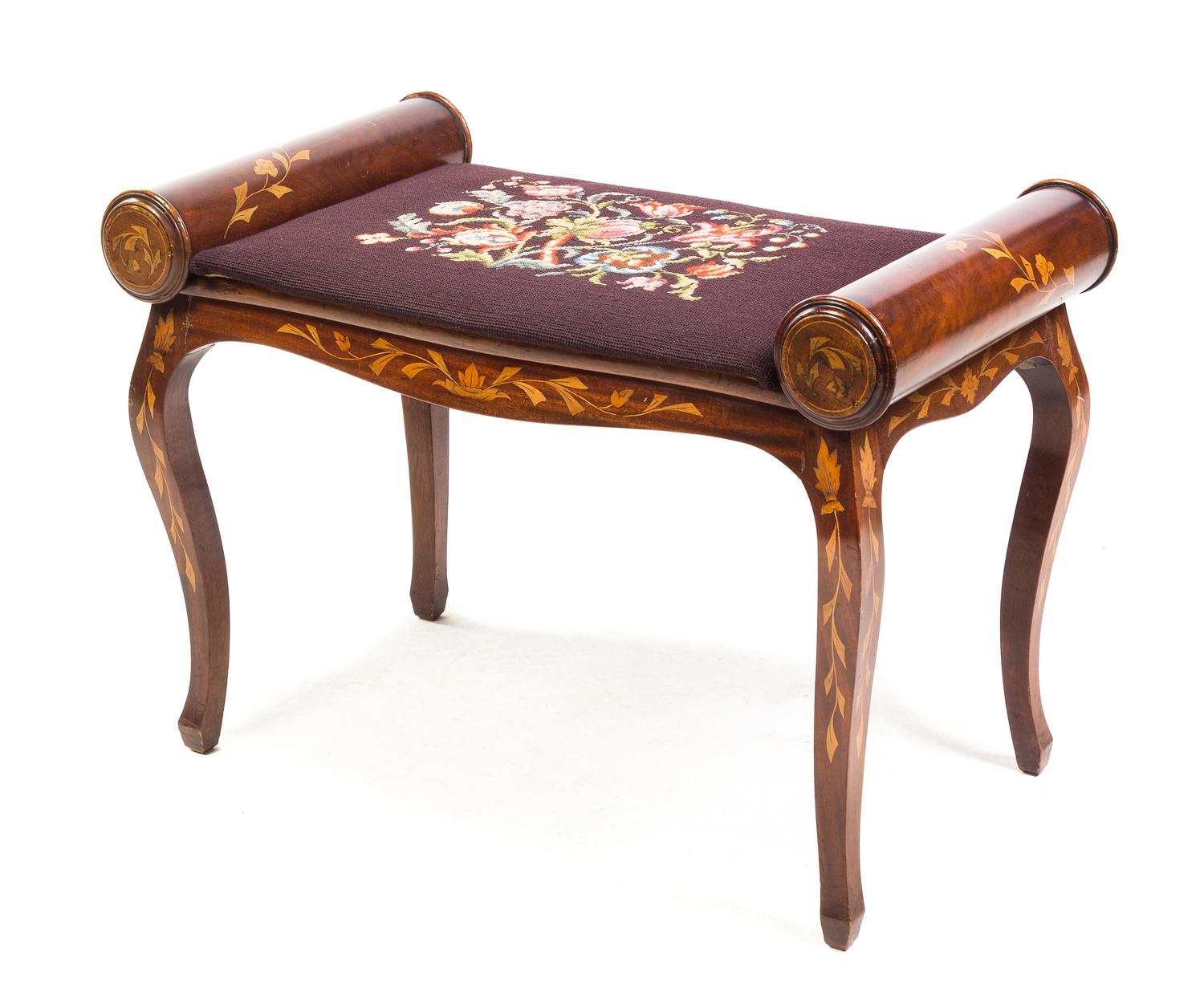 A Dutch Marquetry Bench Width 31 1/2 inches. — 19TH CENTURY