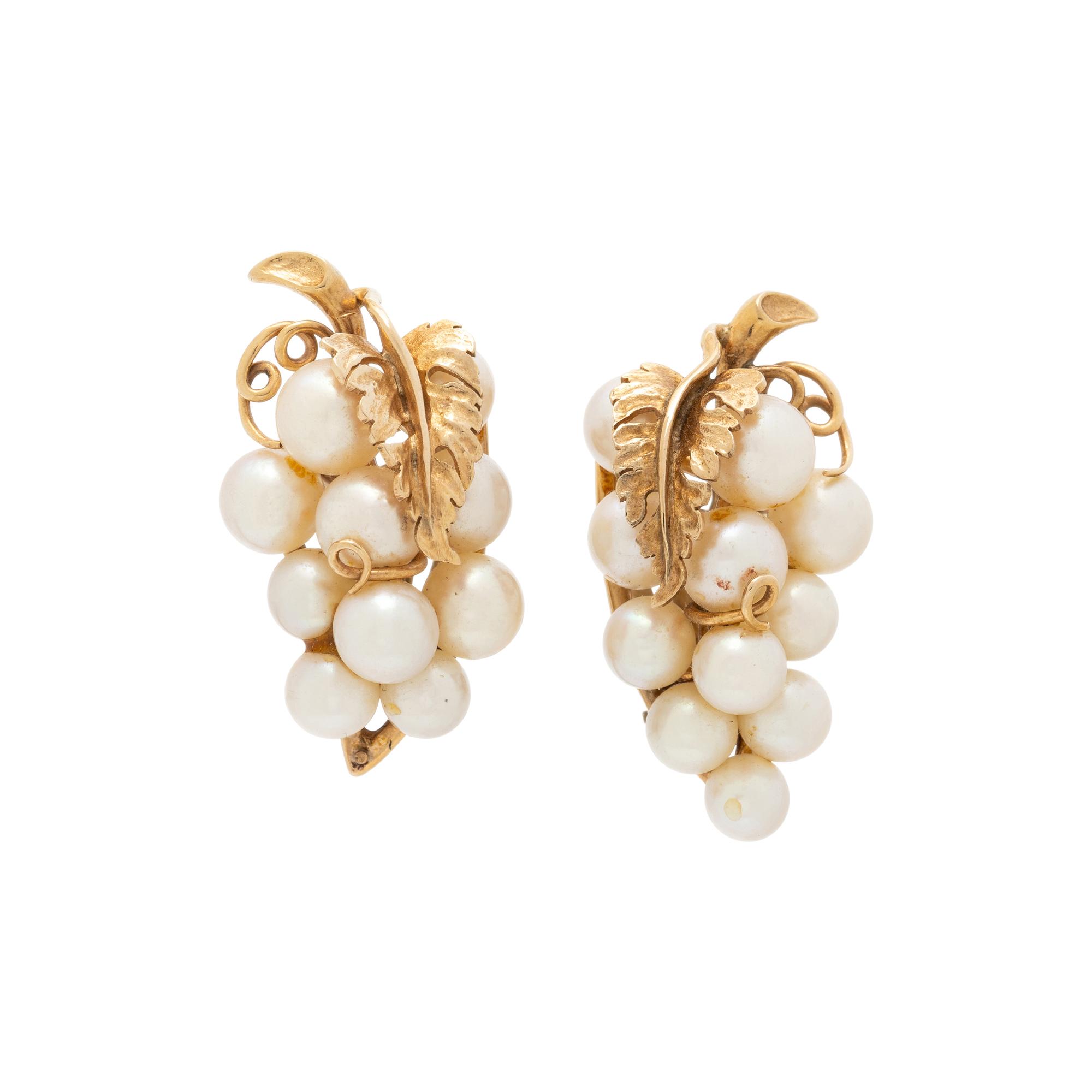CULTURED PEARL AND YELLOW GOLD GRAPE EARRINGS