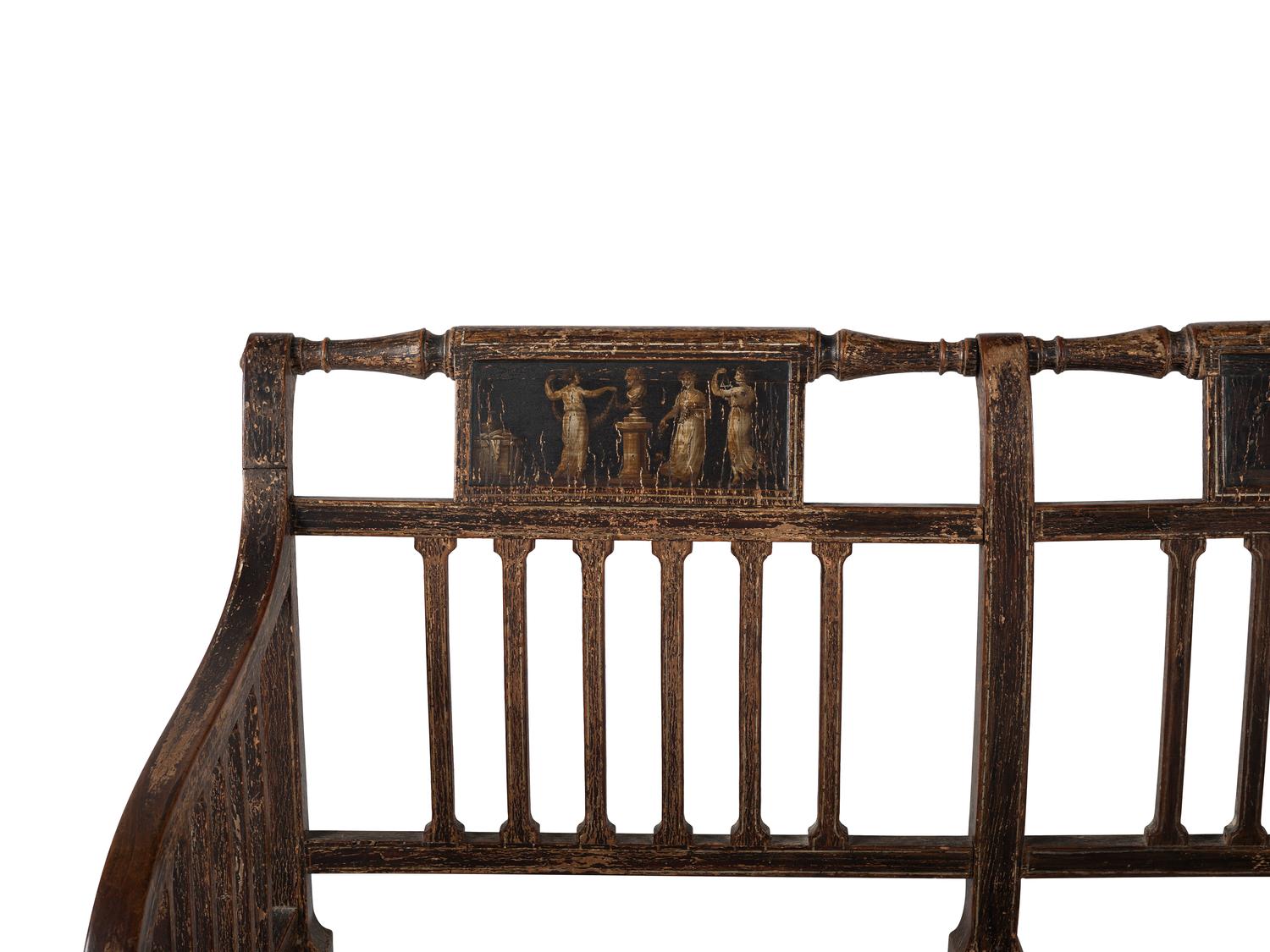 A Regency Grain and Figural Painted Cane-Upholstered Settee