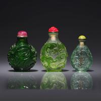 Three Chinese Carved Green Glass Snuff Bottles 綠料鼻烟壺三支