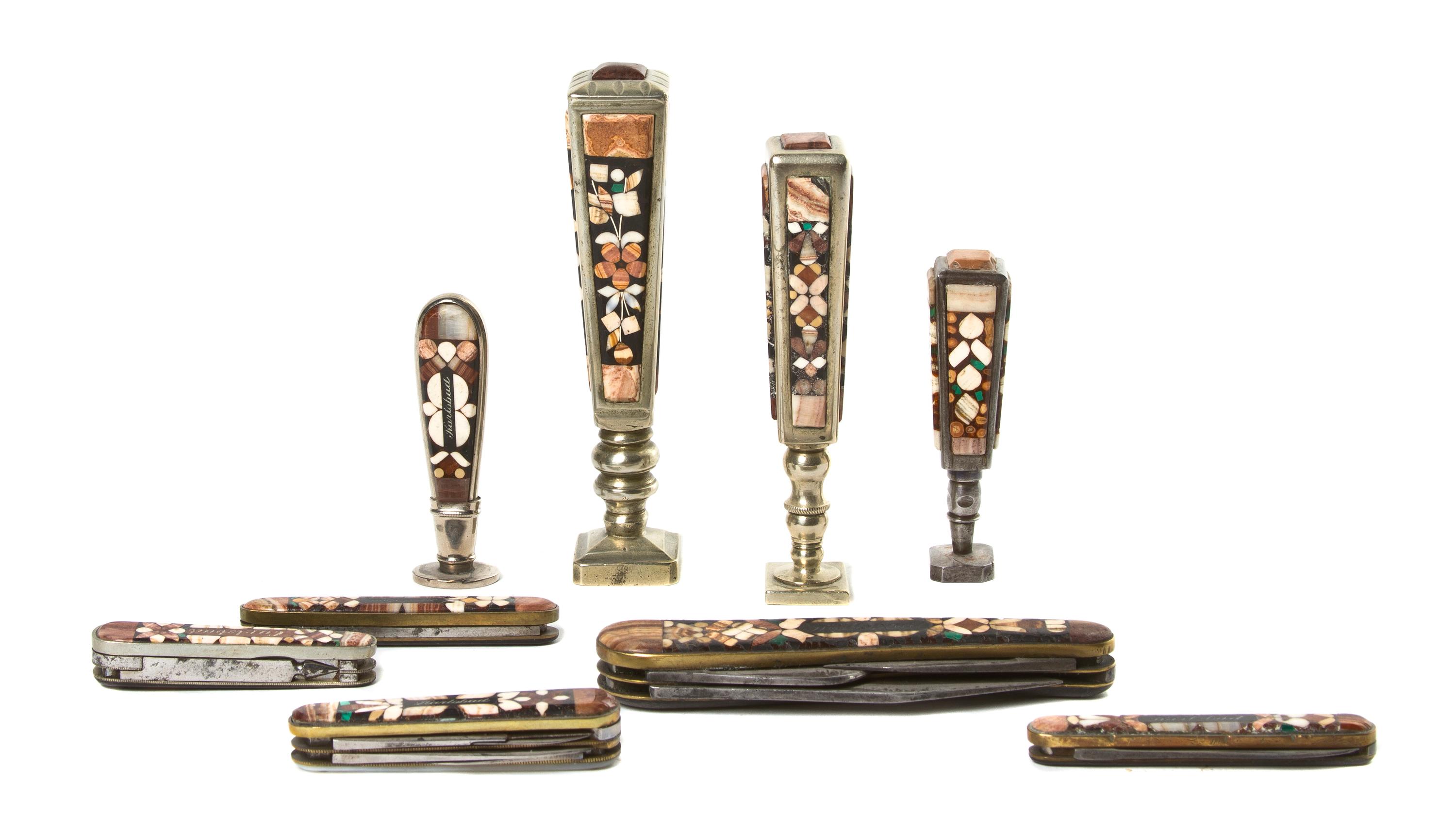 A Collection of Stone Mounted Articles, Height of tallest 4 3/8 inches.