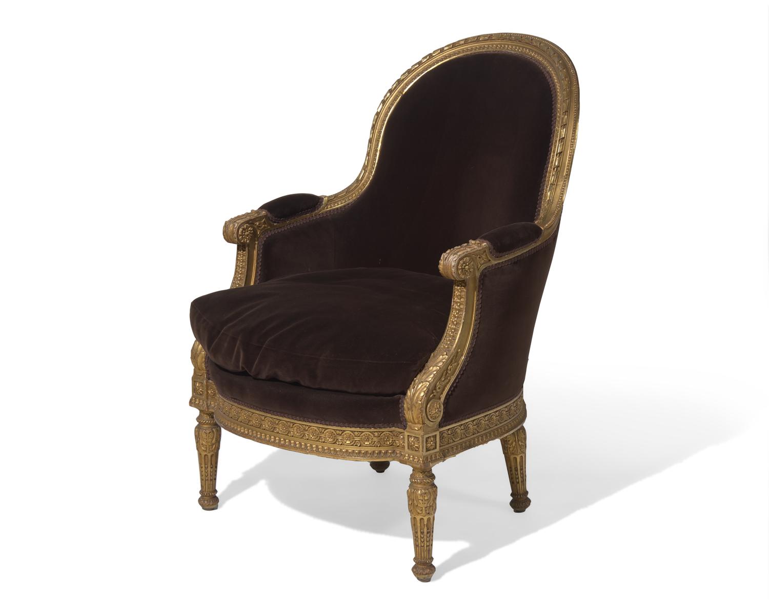 A Louis XVI style giltwood bergère, probably 19th century