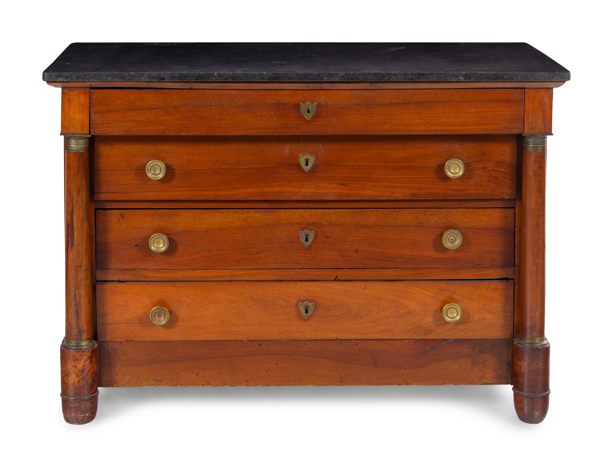 An Empire Style Gilt Metal Mounted Walnut Marble-Top Commode