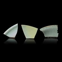 Three Chinese Celadon Glazed Fragments, Song Dynasty — 宋 汝窯、官窯及張公巷瓷片三件
