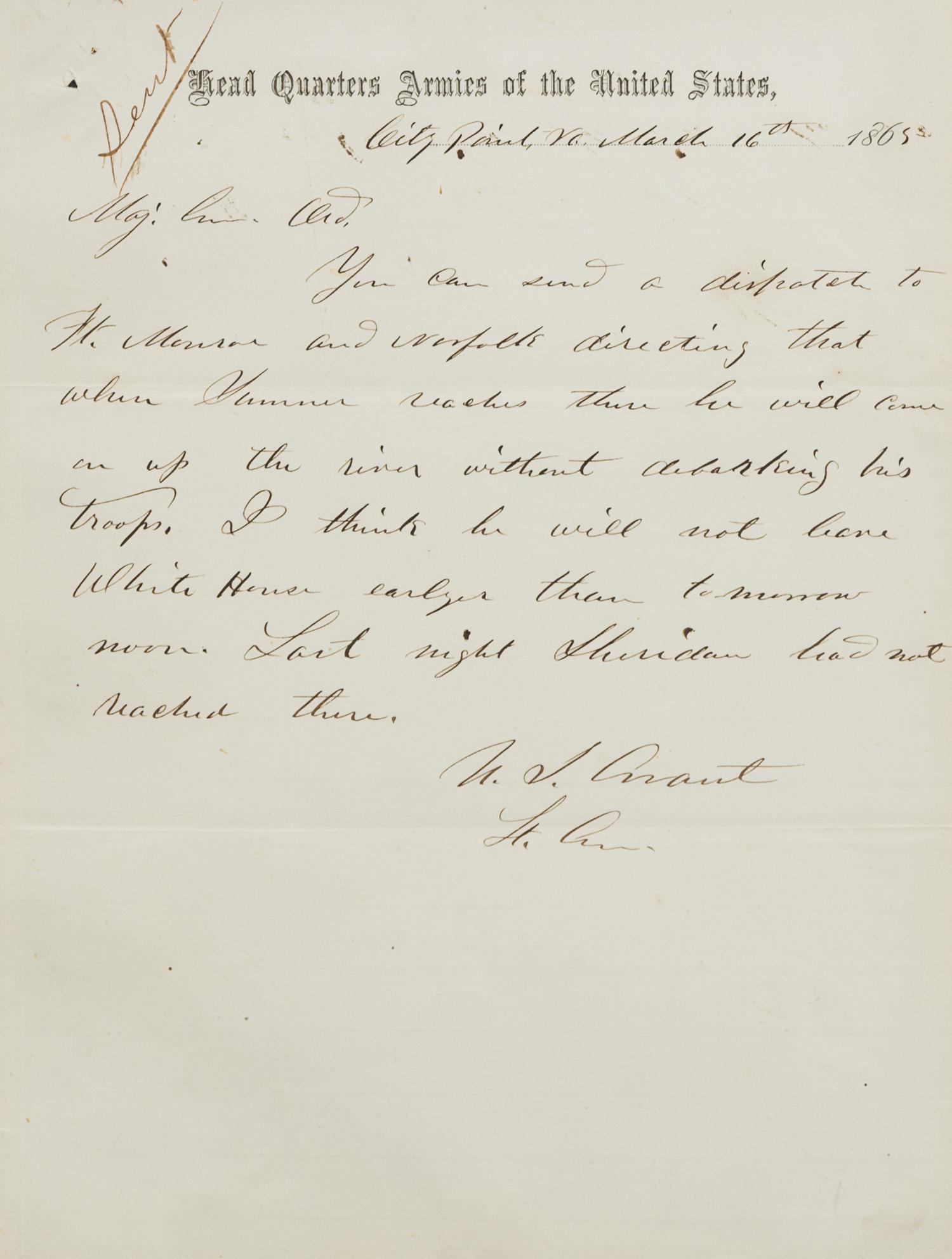 GRANT, Ulysses S. (1822-1885). Autographed letter signed ("U.S. Grant Lt. Gen."), to Edward Otho Cresap Ord, 16 March 1865.