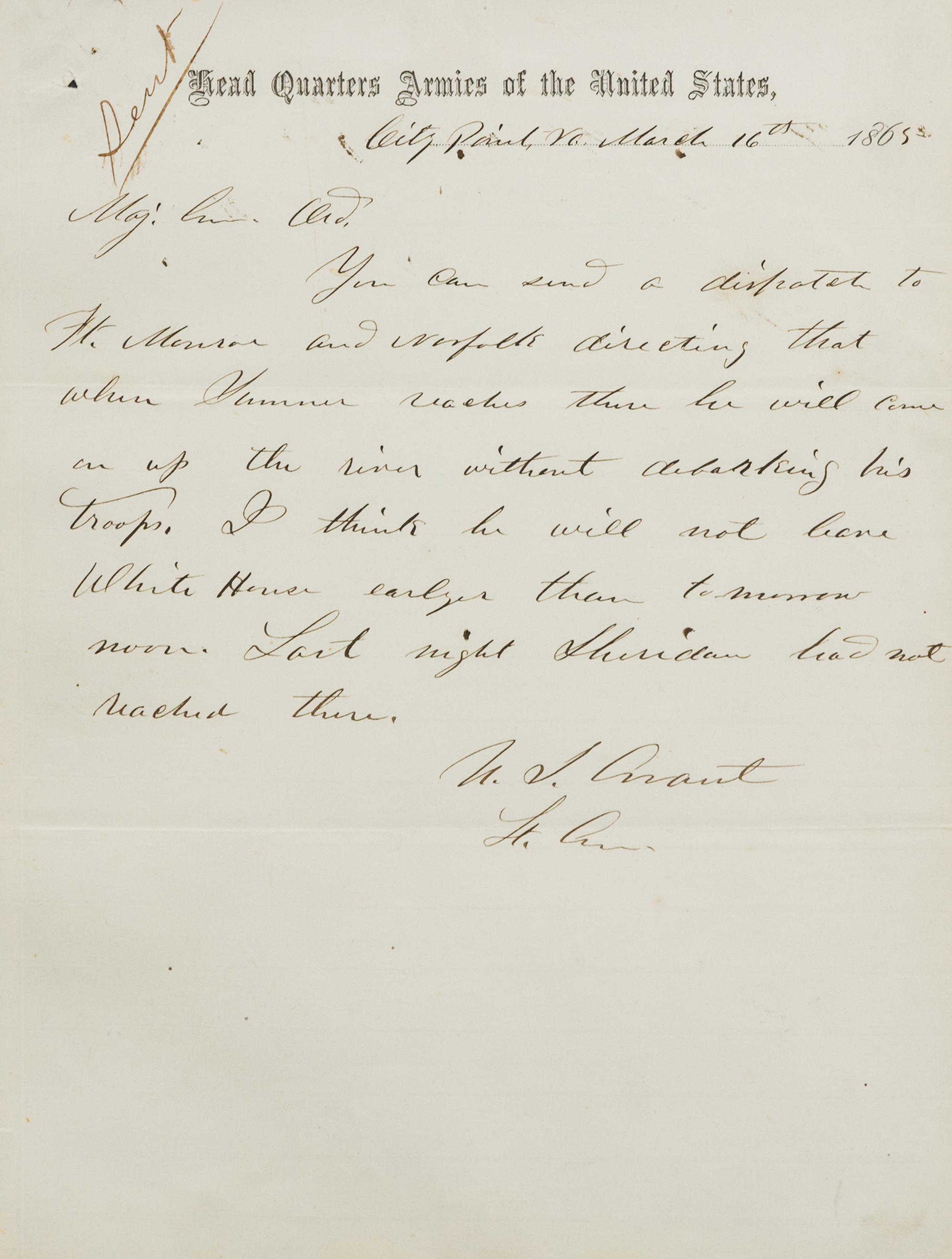 GRANT, Ulysses S. (1822-1885). Autographed letter signed ("U.S. Grant Lt. Gen."), to Edward Otho Cresap Ord, 16 March 1865.