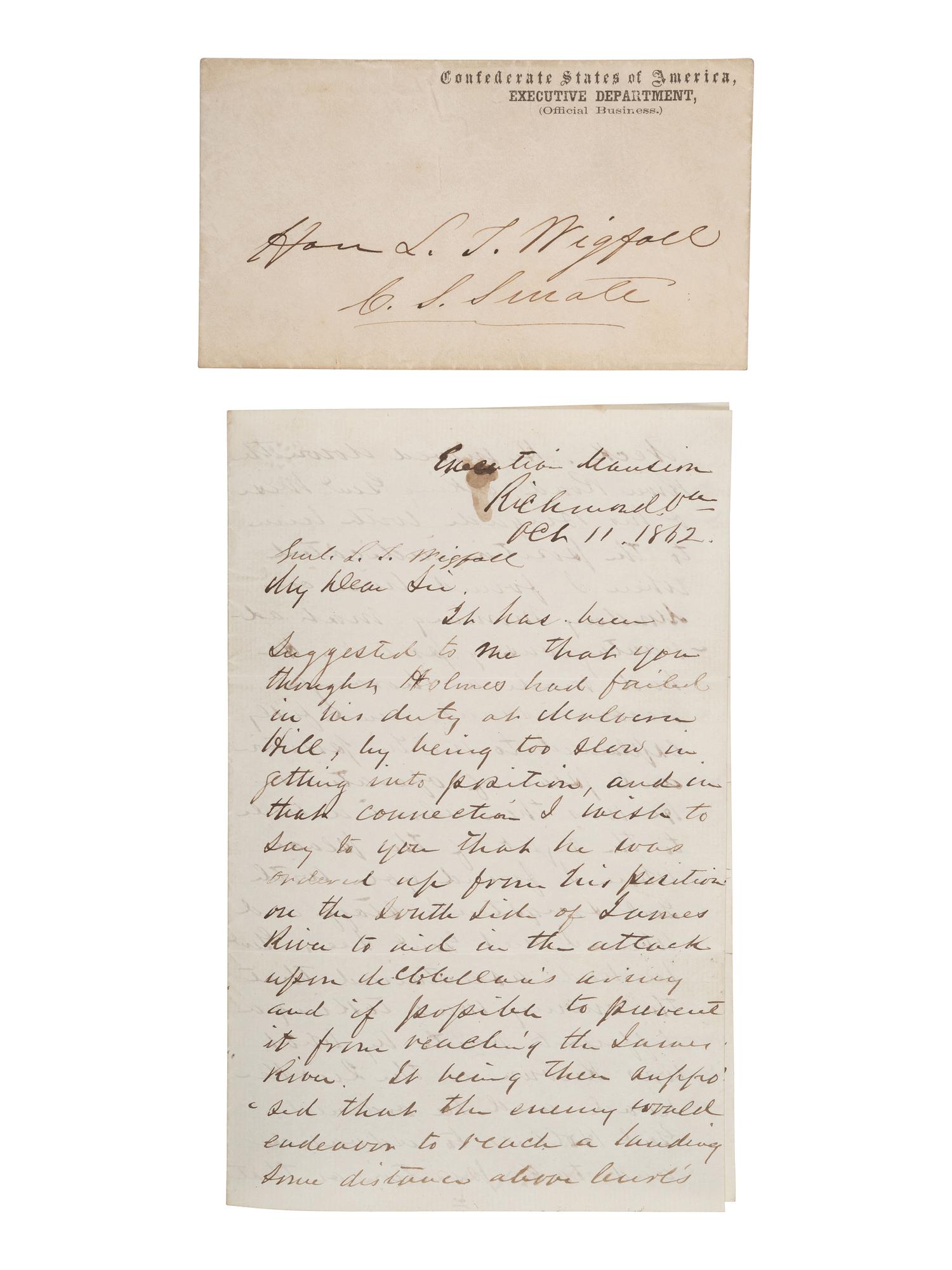 DAVIS, Jefferson (1808-1889). Autograph letter signed ("Jeffn. Davis") as Confederate States President, to Gen. Louis T. Wigfall. "Executive Mansion," Richmond, VA, 11 October 1862.