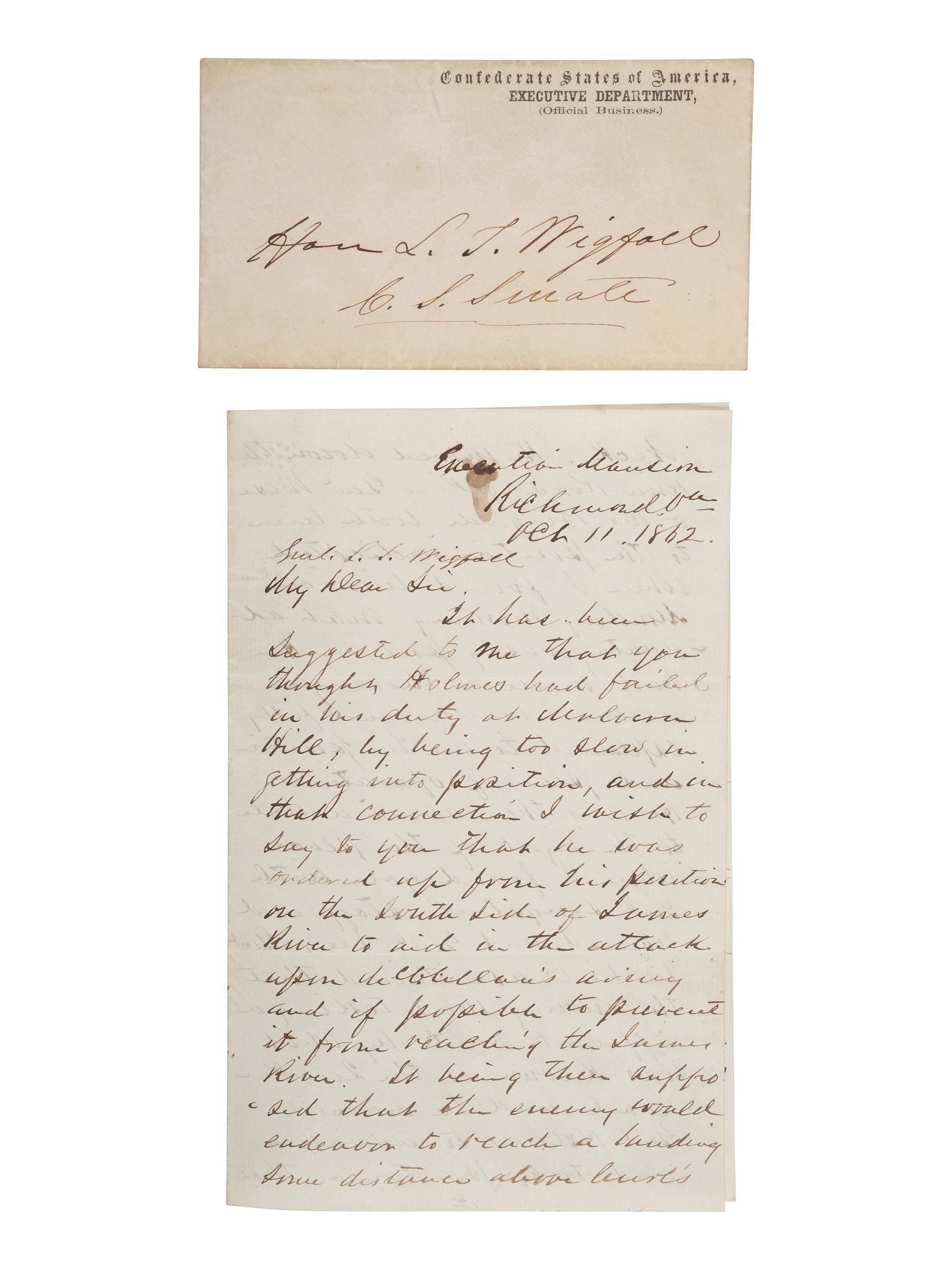DAVIS, Jefferson (1808-1889). Autograph letter signed ("Jeffn. Davis") as Confederate States President, to Gen. Louis T. Wigfall. "Executive Mansion," Richmond, VA, 11 October 1862.