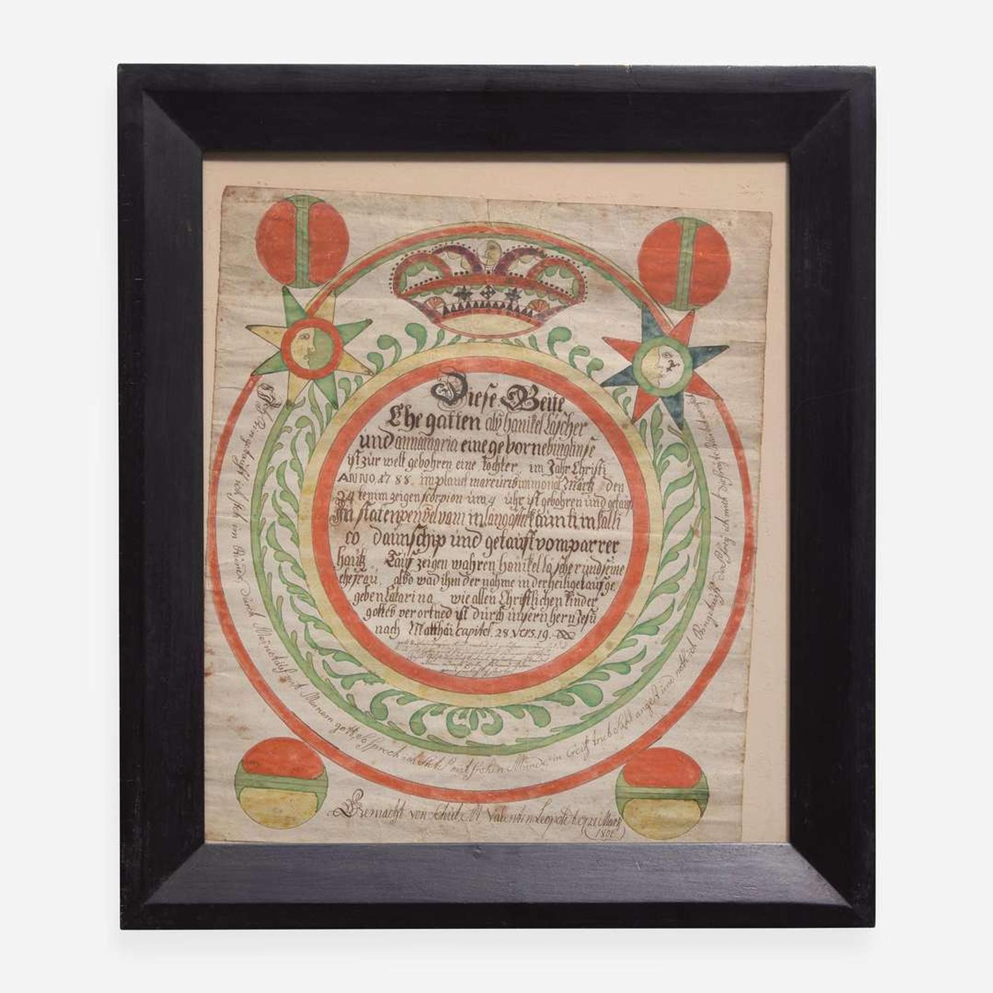 Valentin Leopoldt (active 1783-1802) A Fraktur birth and baptism record for Anna Marie Fochter, Lancaster County, PA, dated "1801"