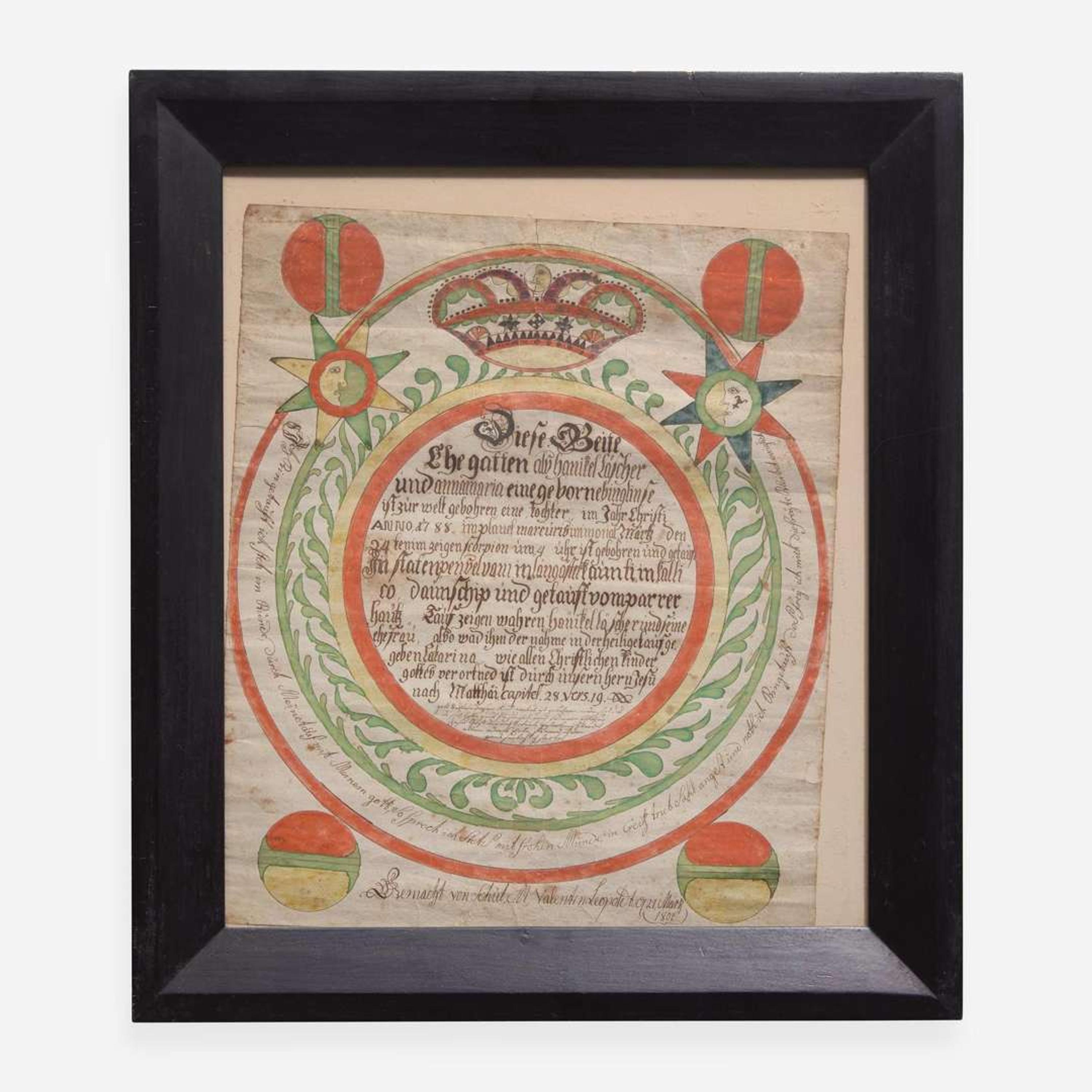 Valentin Leopoldt (active 1783-1802) A Fraktur birth and baptism record for Anna Marie Fochter, Lancaster County, PA, dated "1801"