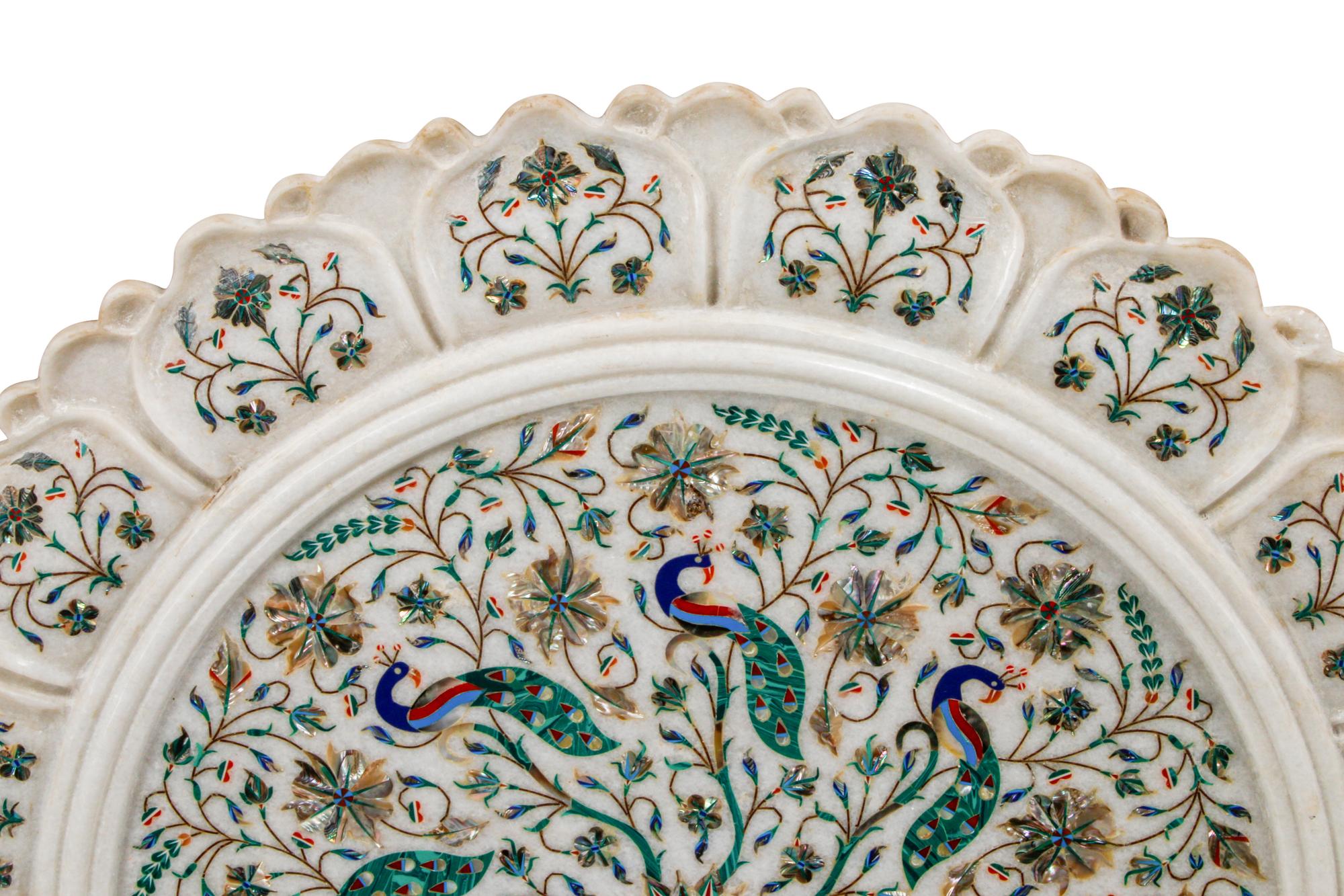 An Indian Carved Marble and Semiprecious Stone-Inlaid Plaque