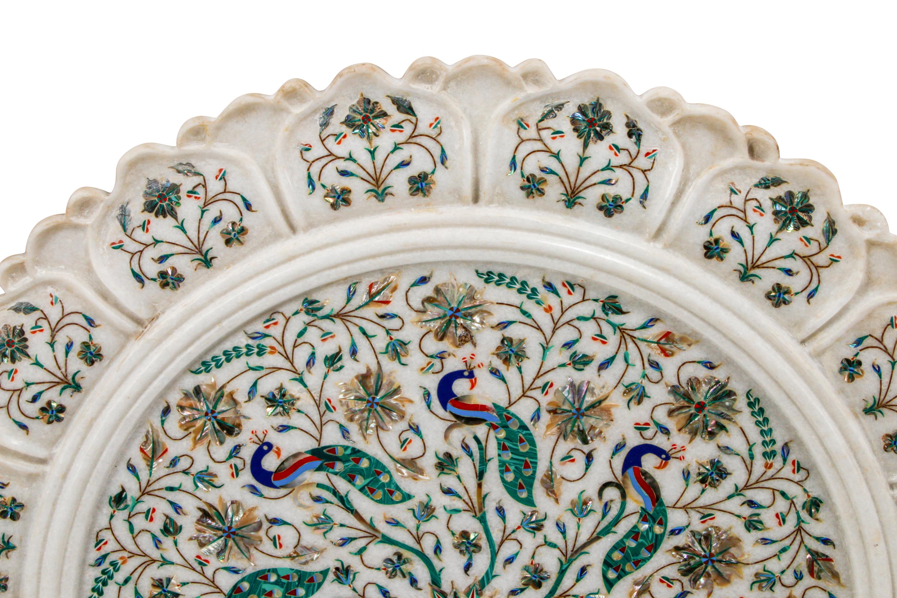 An Indian Carved Marble and Semiprecious Stone-Inlaid Plaque