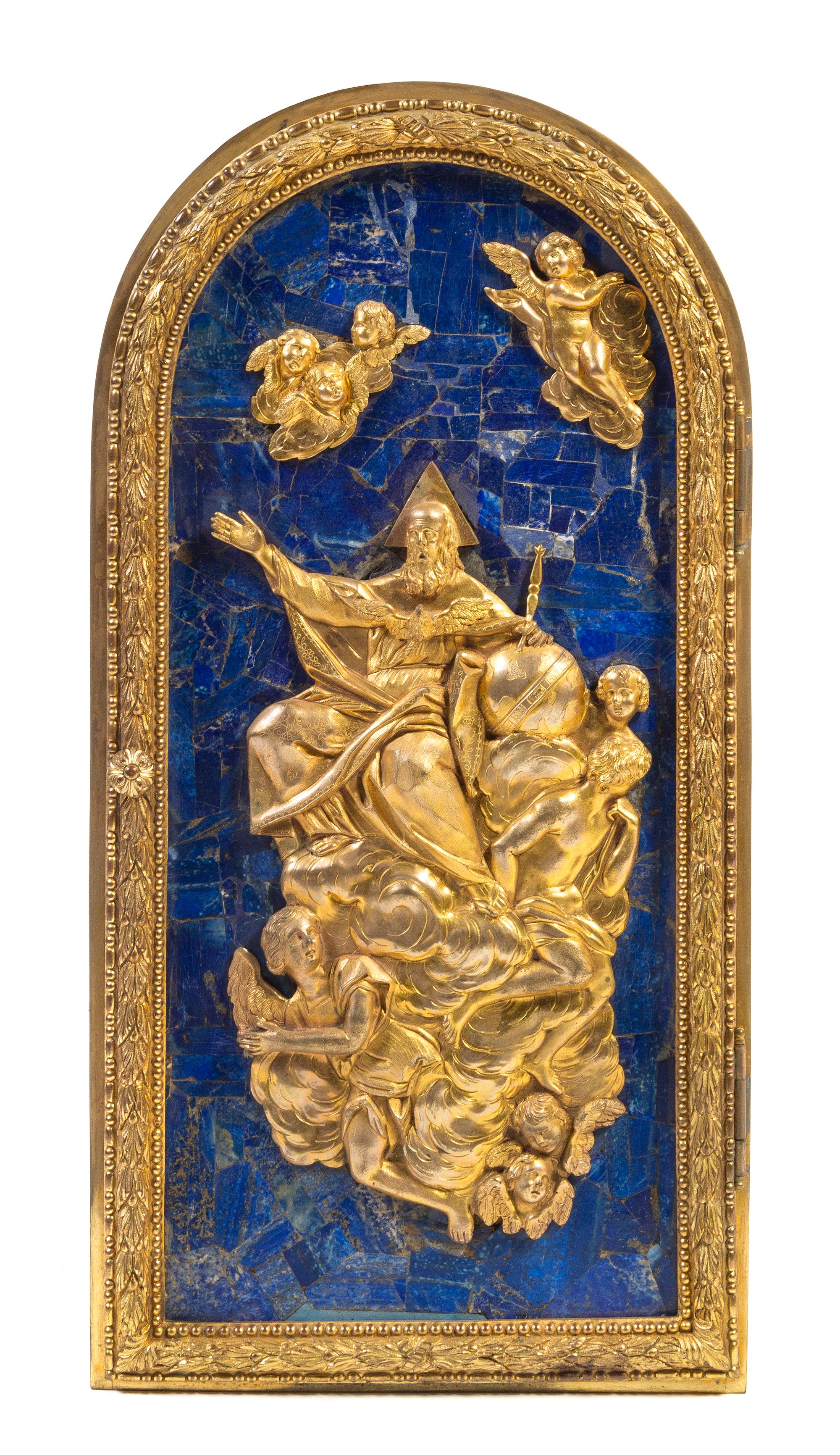 A Gilt Bronze and Lapis Lazuli Mounted Tabernacle Door Height 24 x width 12 1/2 inches. — 19TH CENTURY WITH LATER ELEMENTS