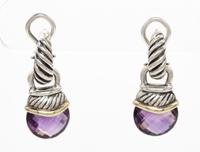 A Pair of Sterling Silver, 14 Karat Yellow Gold and Amethyst Drop Earrings, David Yurman 7.30 dwts.