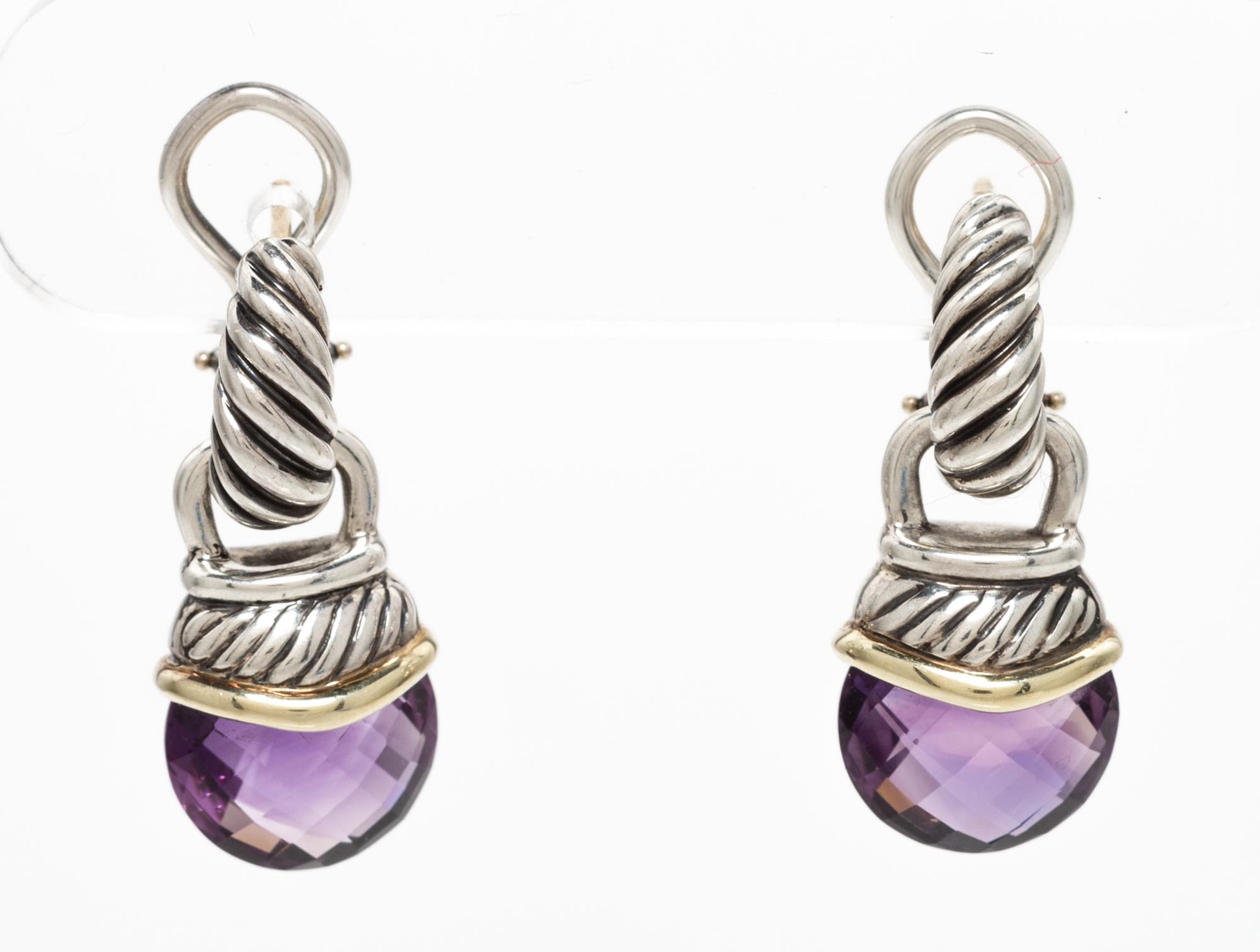 A Pair of Sterling Silver, 14 Karat Yellow Gold and Amethyst Drop Earrings, David Yurman 7.30 dwts.