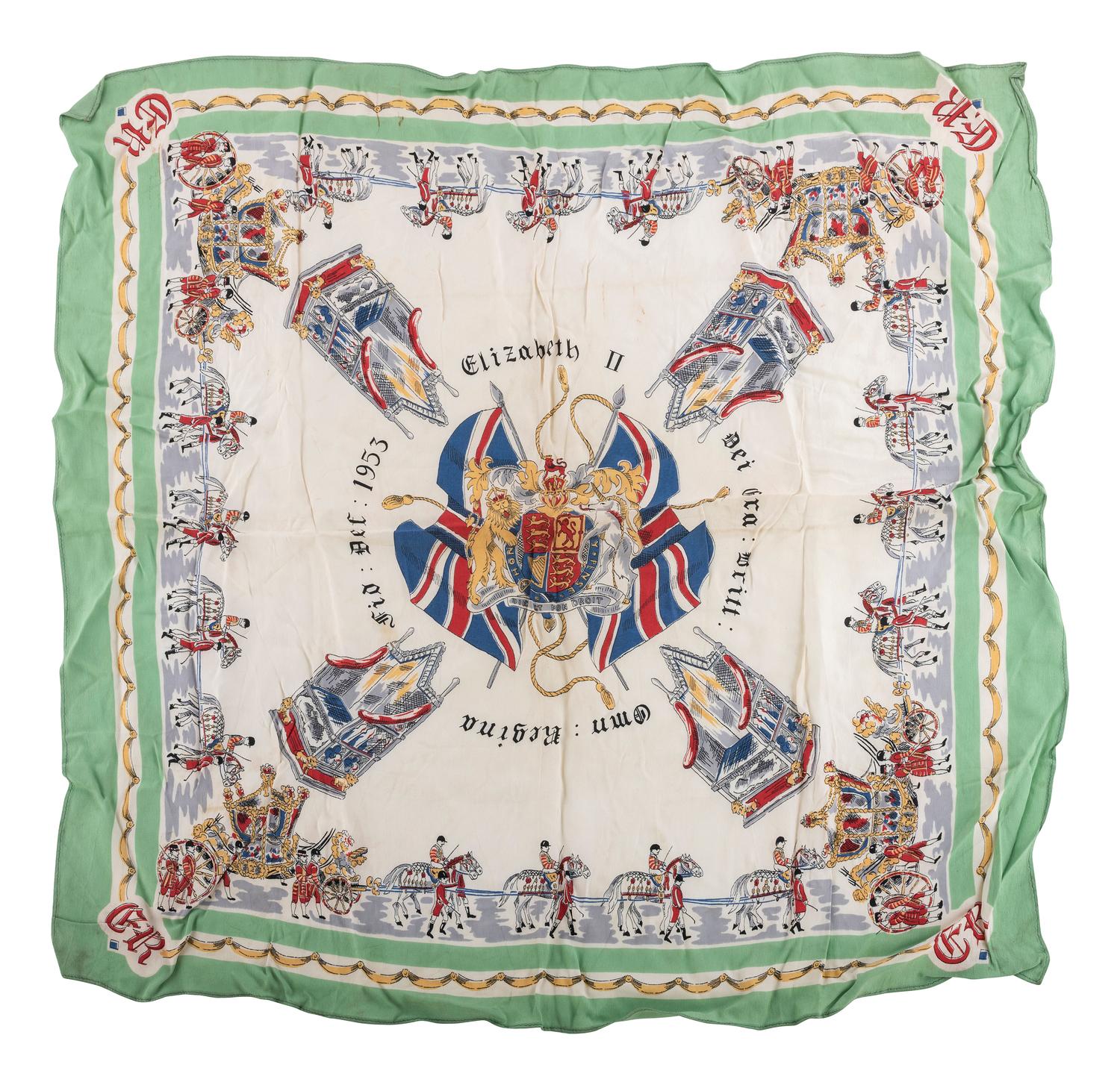[ROYALTY]. Two scarves from Queen Elizabeth II coronation, comprising: