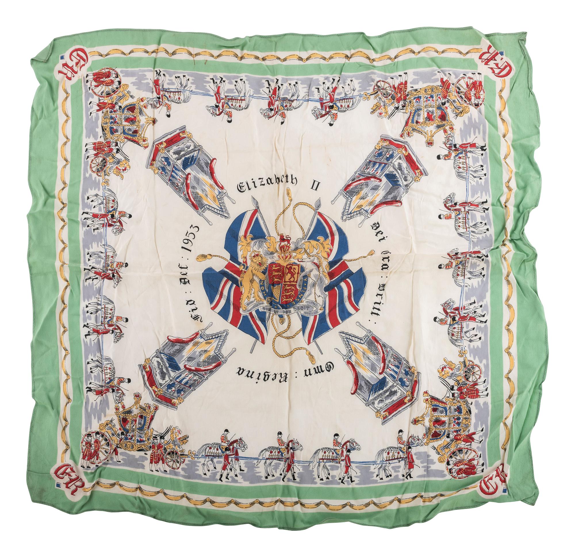 [ROYALTY]. Two scarves from Queen Elizabeth II coronation, comprising: