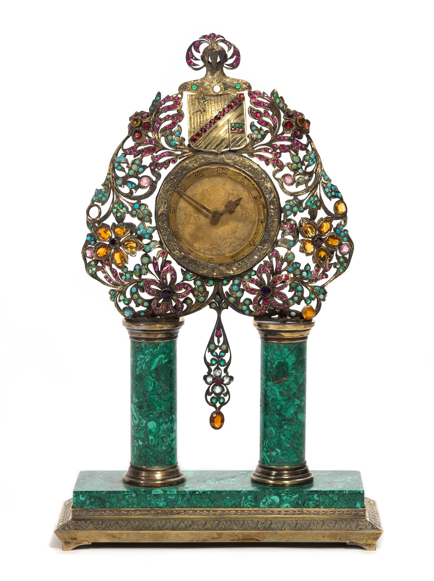 A Malachite and Gemstone Mounted Silver-Gilt Desk Clock Height 12 1/2 inches.