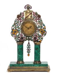A Malachite and Gemstone Mounted Silver-Gilt Desk Clock Height 12 1/2 inches.