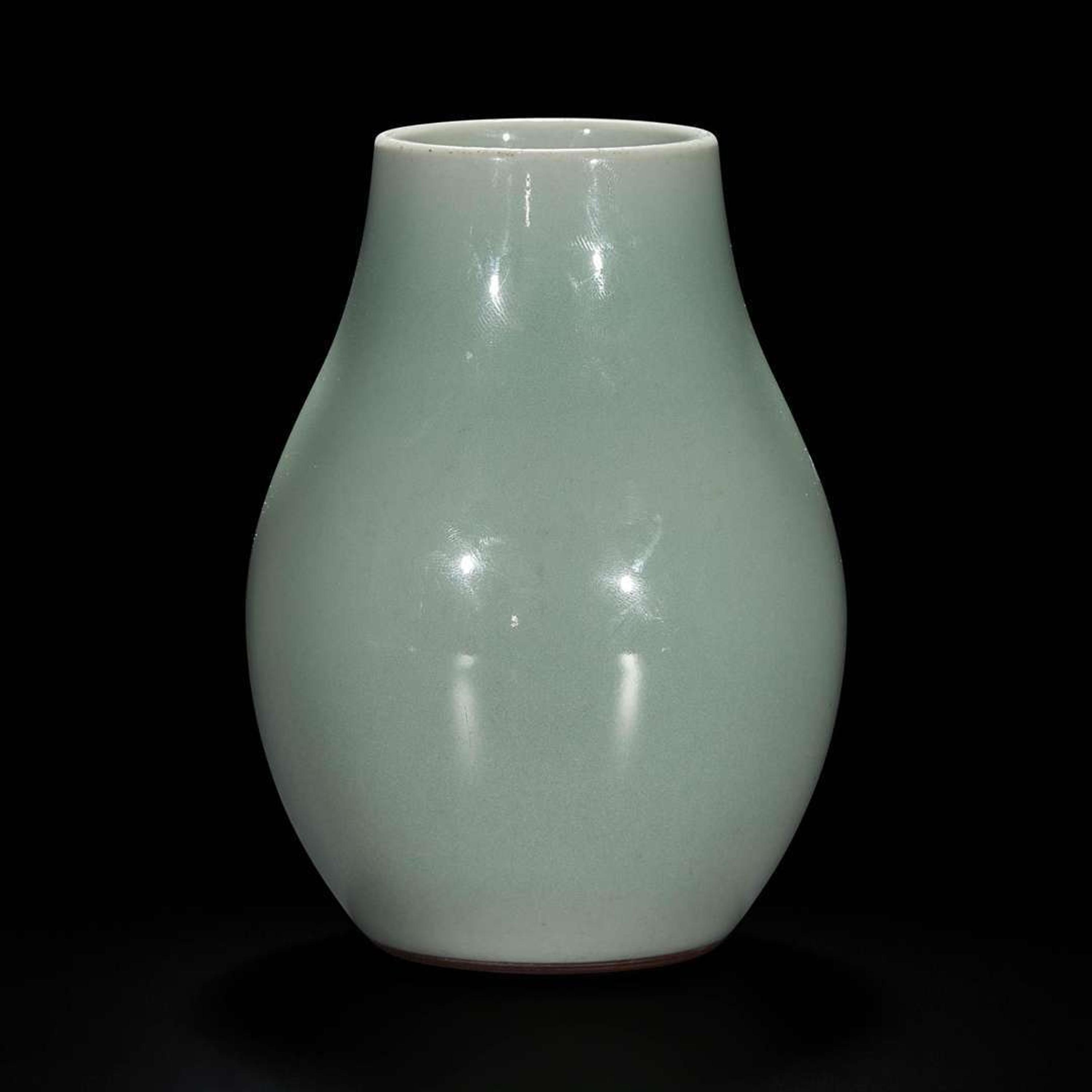 A small Chinese celadon-glazed oviform vase 粉青釉觯一件 Six-character Qianlong seal mark and possibly of the period ????? ?? ??