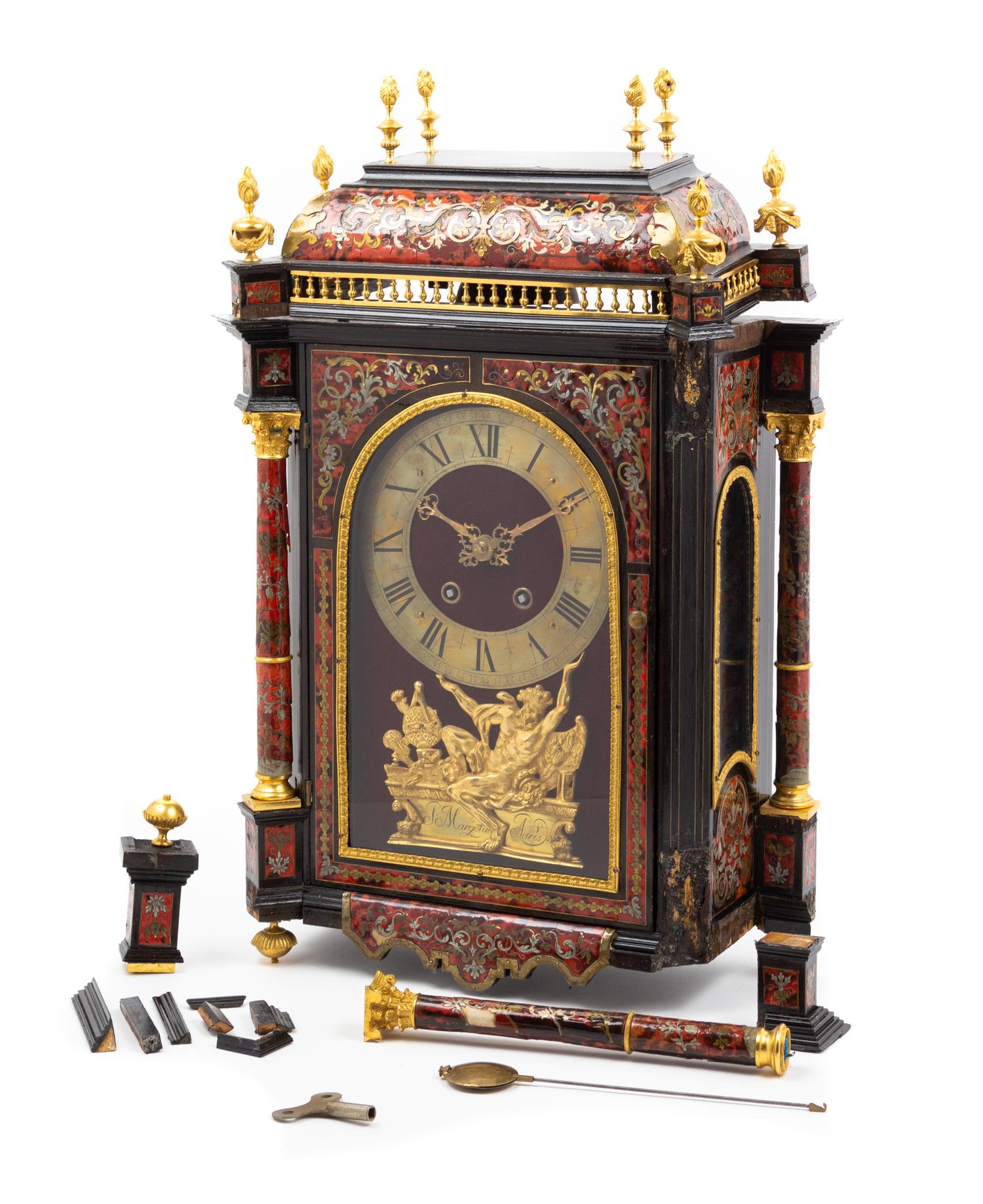 A Napoleon III Style Boulle Marquetry Bracket Clock Height 25 1/2 x width 6 1/4 x depth 14 1/2 inches. — LATE 19TH CENTURY