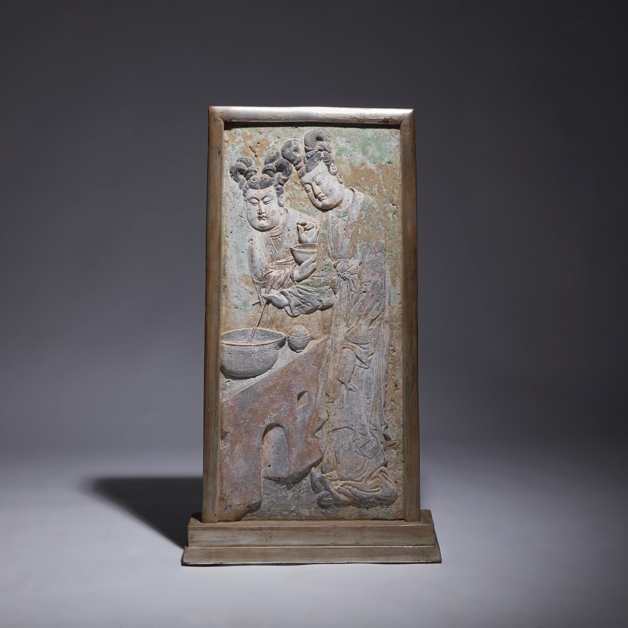 A Rare Chinese Carved and Painted 'Court Ladies' Relief Brick Panel, Late Tang Dynasty-Five Dynasties and Ten Kingdoms 晚唐-五代 彩繪磚雕侍女圖