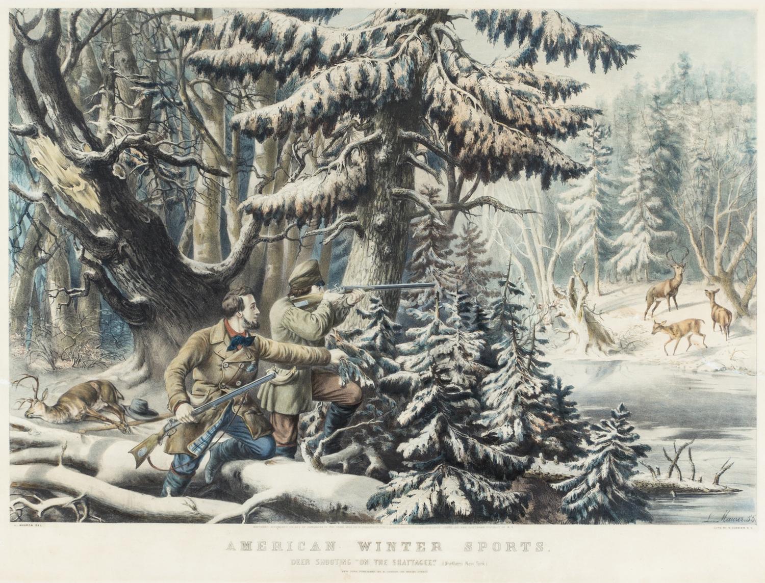 CURRIER, NATHANIEL. American Winter Sports. Deer Shooting... NY, 1855. Litho. w/hand-coloring.