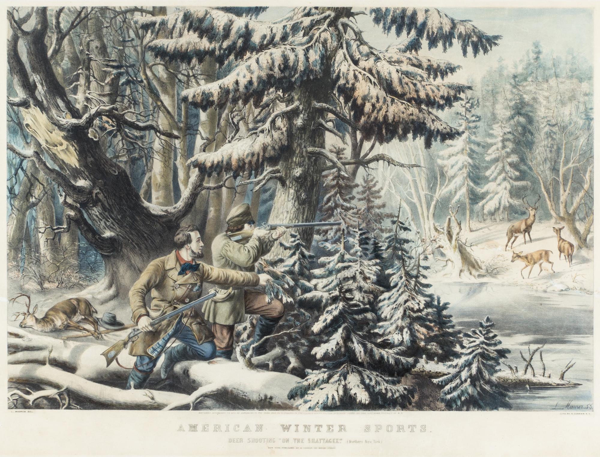 CURRIER, NATHANIEL. American Winter Sports. Deer Shooting... NY, 1855. Litho. w/hand-coloring.