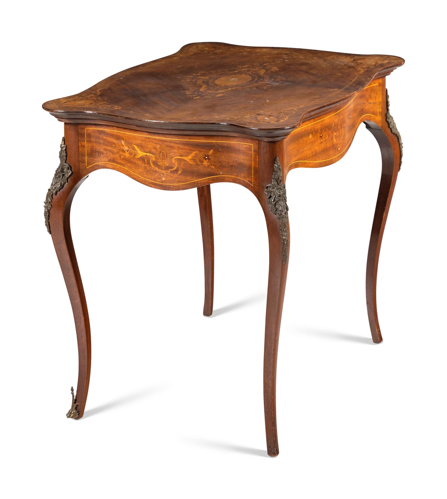 A Louis XV Style Marquetry and Mother-of-Pearl Inlaid Side Table