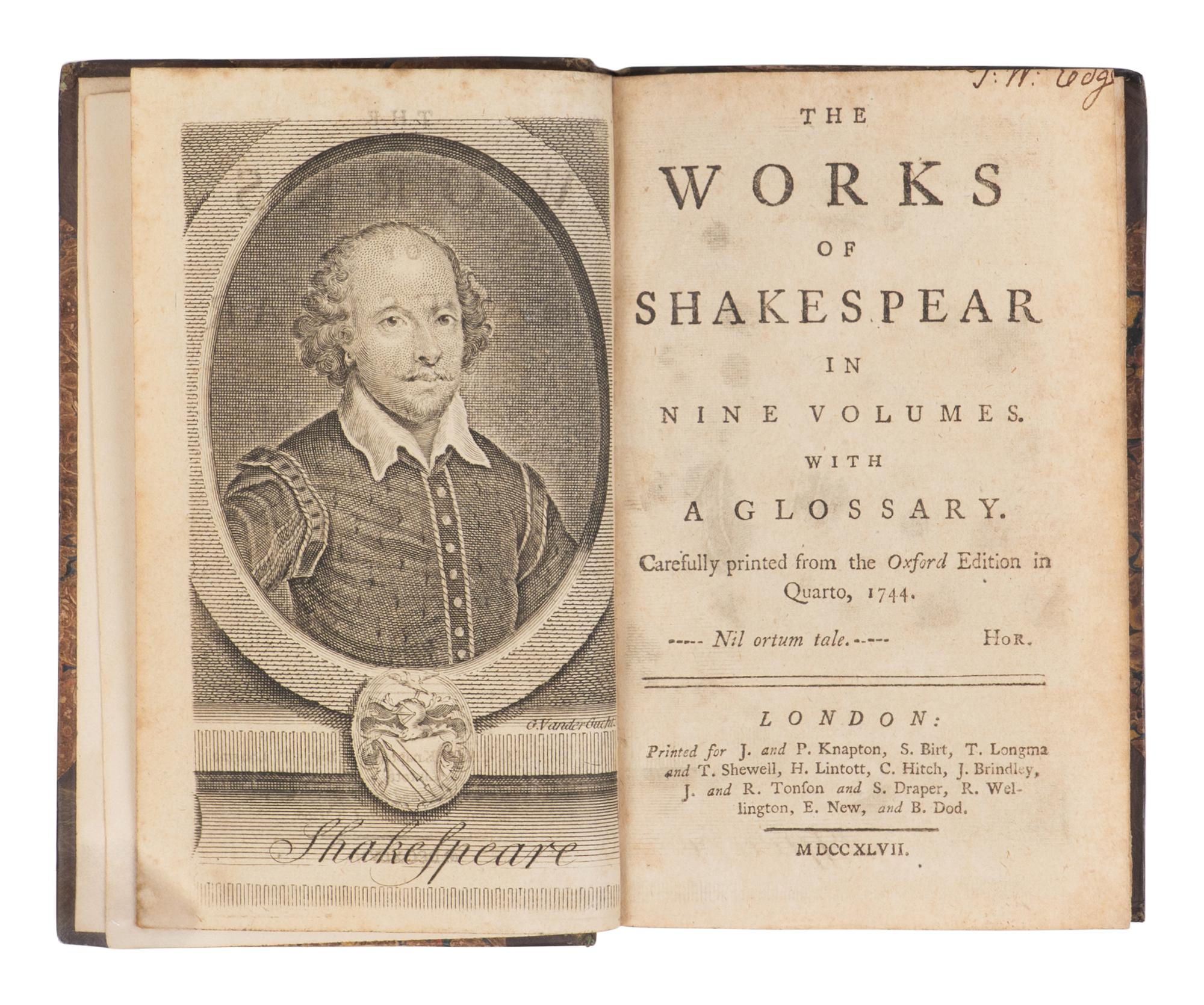 SHAKESPEARE, William (1564-1616). The Works of Shakespear...with a glossary. Carefully printed from the Oxford Edition in Quarto, 1744 . Sir Thomas Hanmer, editor. London: Printed for J. and P. Knapton, et al, 1747.