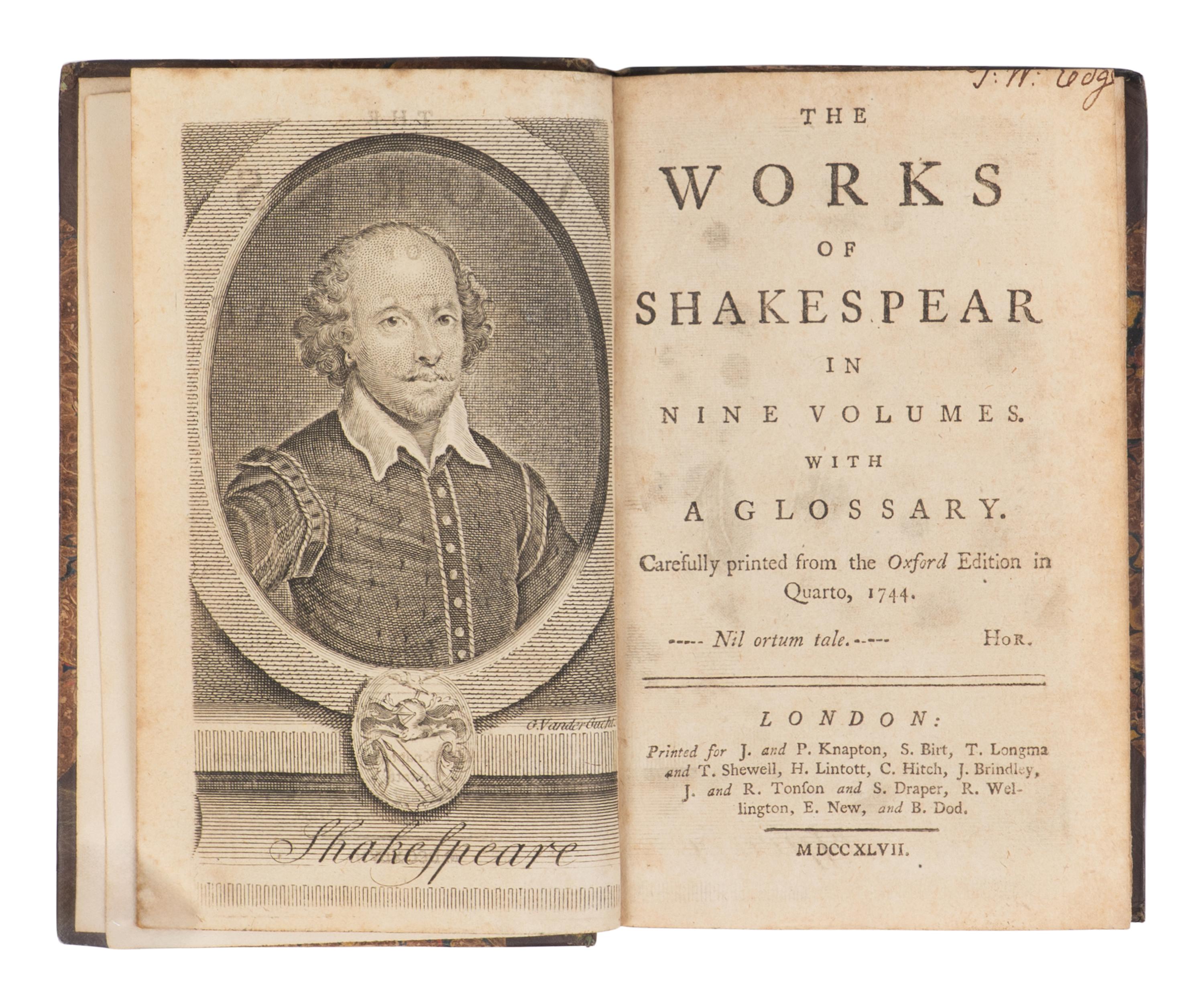 SHAKESPEARE, William (1564-1616). The Works of Shakespear...with a glossary. Carefully printed from the Oxford Edition in Quarto, 1744 . Sir Thomas Hanmer, editor. London: Printed for J. and P. Knapton, et al, 1747.