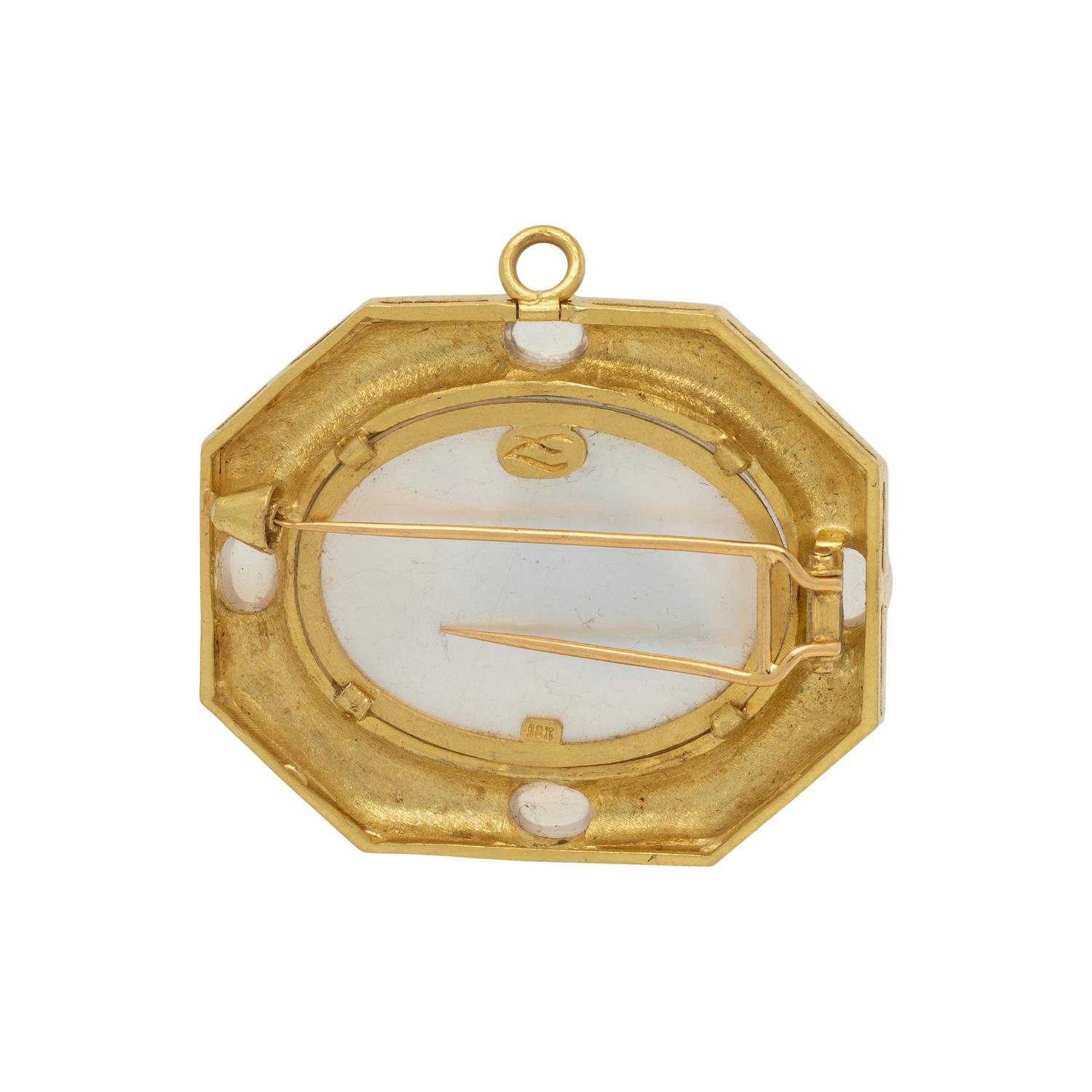 ELIZABETH LOCKE, MOTHER-OF-PEARL, ROCK CRYSTAL, MOONSTONE, AND YELLOW GOLD INTAGLIO PENDANT BROOCH